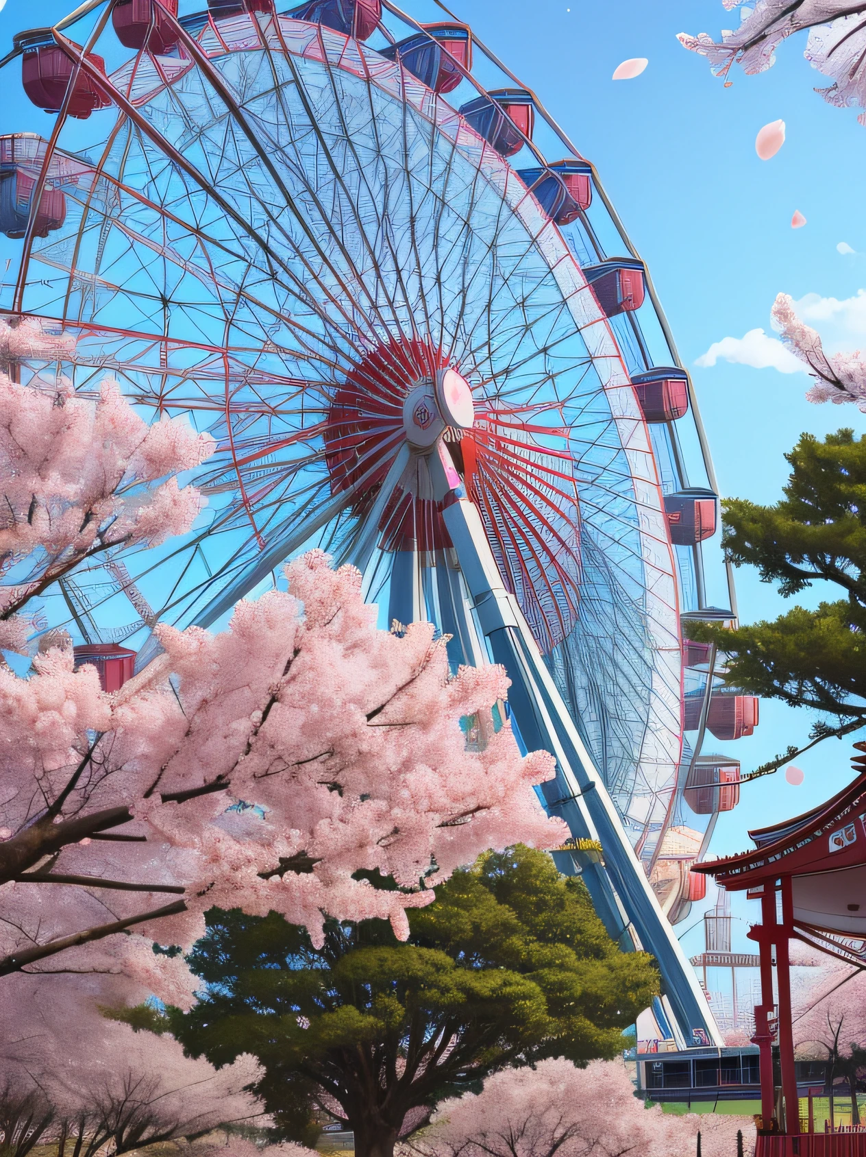 Sakura Ferris wheel in front of the park, ( Ferris wheel ), Look from the bottom up, Look from the bottom up, Ferris wheel, Shot with Sony alpha 9, Cherry blossom season, Shot using iphone 1 ro max, Shot with Sony A3 camera, Sakura blossoms, Shoot from below, Cherry Blossom Season Dynamic Lighting, Under the cherry blossom trees, Beautiful image