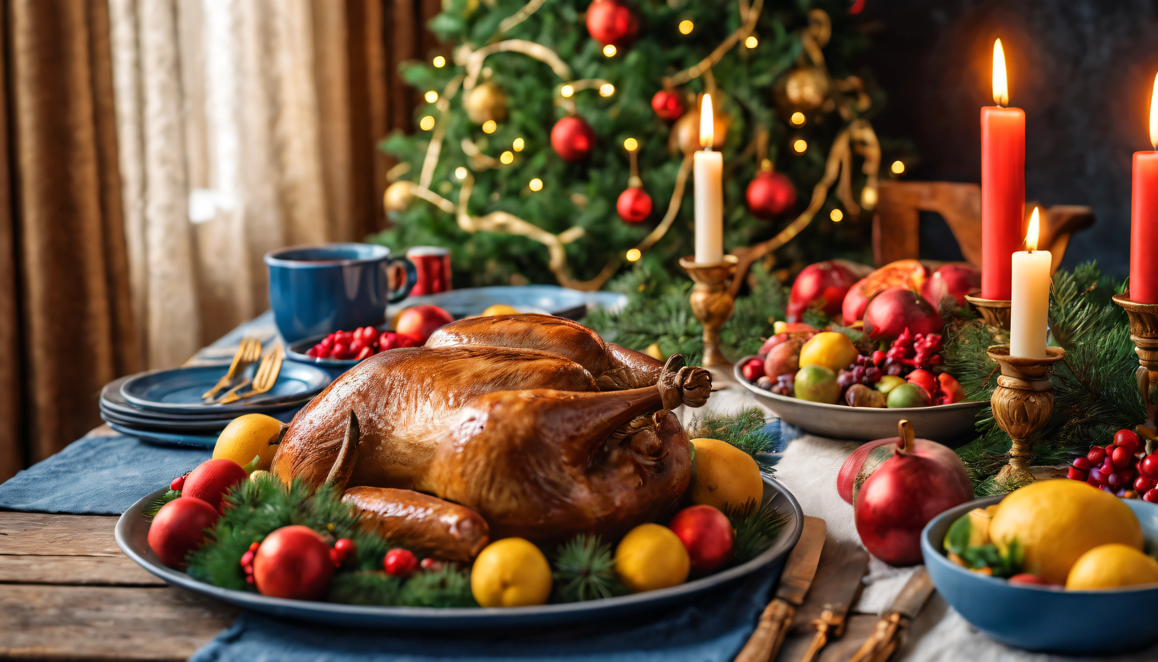 Breathtaking cinematic photo of a real Hyperrealistic christmas still life, ((close-up photo)), on an antique wooden table covered with Christmas tablecloth, Christmas feast, with roasts, fruit platters, salads,mistletoe and pine branches decorated with golden christmas tree decorations, red colored candles in golden candlesticks, candle lights, in the background multicolor led lights (red, blue, green, yellow), extremely high-resolution details, photorealism, realistic lifelike textures, masterpiece, best quality, sharp focus, photorealism, photorealistic, 8k, volumetric light, (intricate details), hdr, high detailed, high quality, soft cinematic light, dramatic atmosphere, atmospheric perspective, ultra realistic, neutral colors, cinematic lighting, wide angle, film grain, dslr, raw photo, photo,