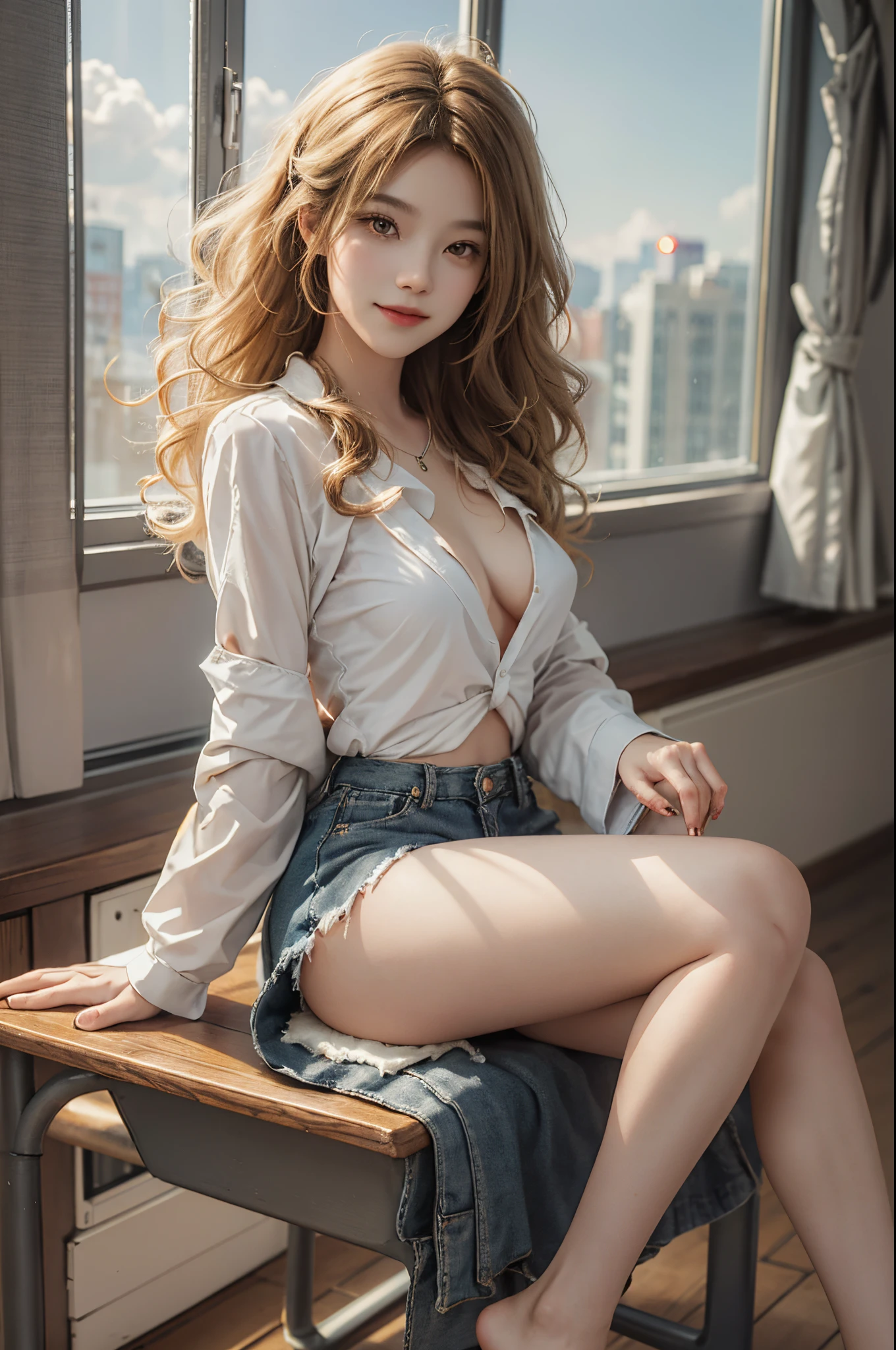 APS, ((knee shot)), RAW photos,18 year old sexy model, cute young girl, messy hair,smiled shyly, curlies, coiffed blonde hair, Campus style, in class room, sitting on the classroom desk, Lift up the skirt, Thin leg, Pose gracefully, Posing for photos, Random shooting angle, Surprising detail,The content is very detailed, Smooth skin, Warm color palette, Best quality, The content is very detailed, the detail