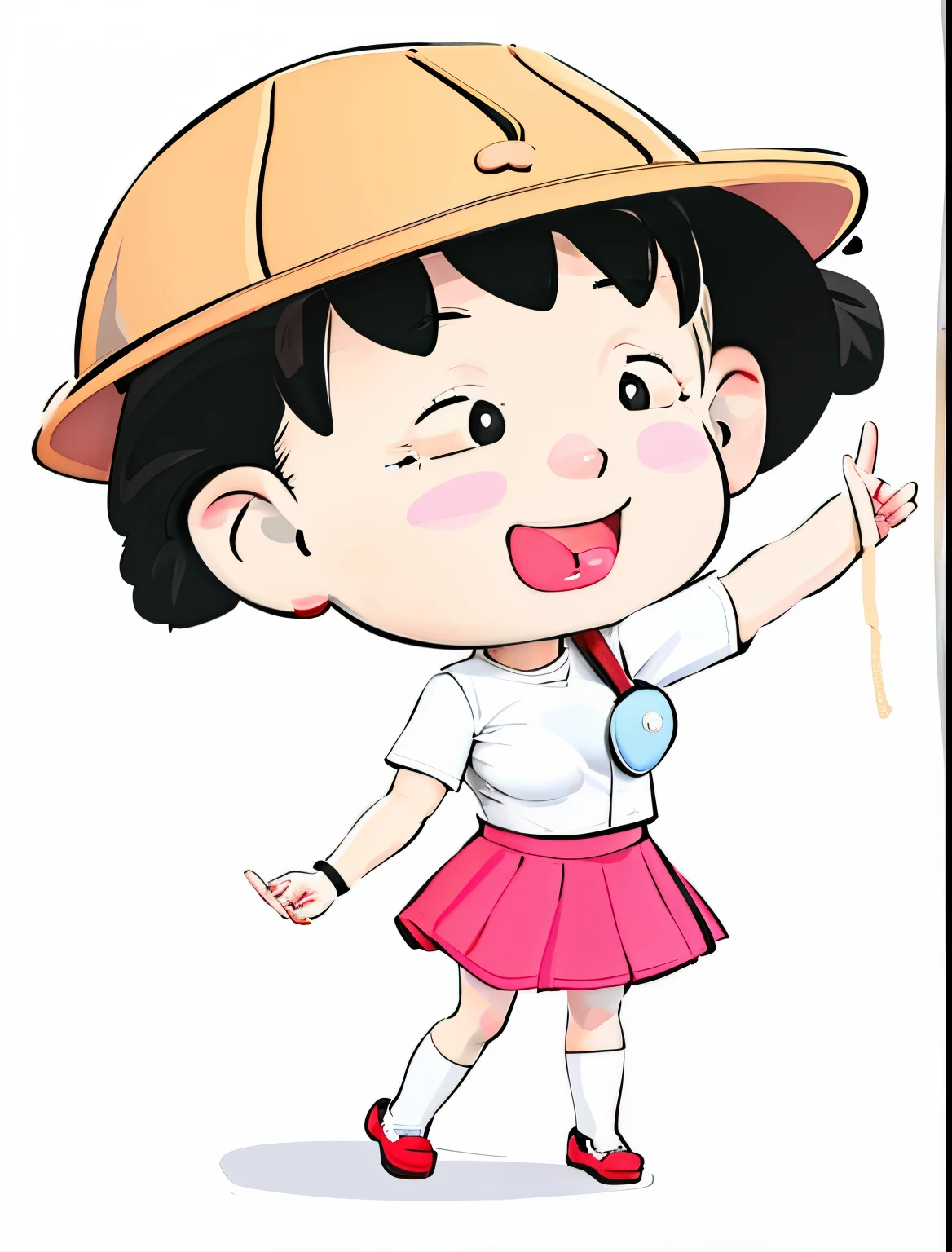 Girl pointing at something wearing a hat, Carrying a school bag，Cute characters, change, She wears a cap, character wearing hat, female explorer mini cute girl, small loli girl, adolable, girl, cute big breasts:2, image, Wearing a cute hat, 😃😀😄☺🙃😉😗, tchibi, offcial art