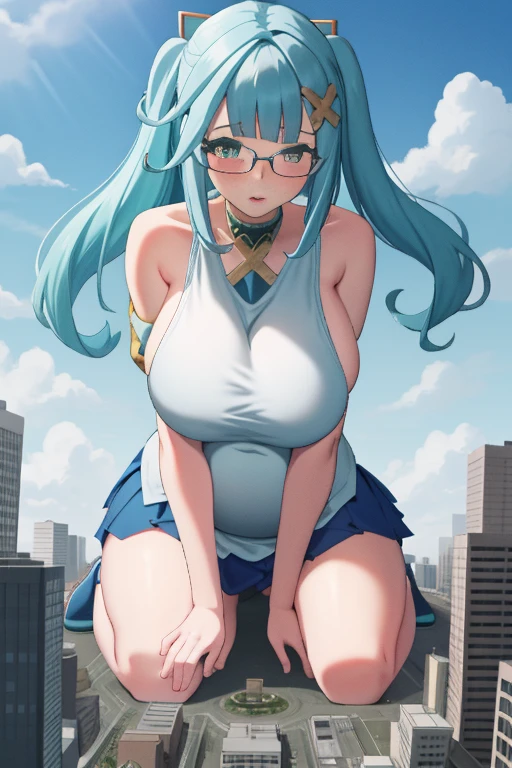 Giant maiden，Moe two-dimensional style，Pregnancy status，Round belly，Huge breasts, Gaze at the bustling city, Looking at viewer, Lying down, Burp, Bouncing breasts, Glasses, Embarrased, Full body