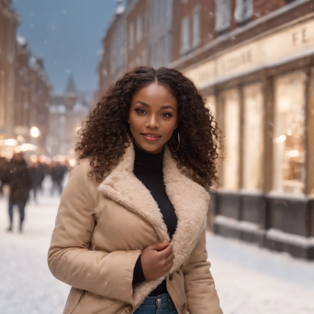 ((Dark African skin, Very deep ebony skin)), ((Its beauty  undeniable)), ((Excited cute face)), ((Hyper detailed perfect eyes,)), ((pose mignonne)), ((Langue sortie)), ((Seductive )), sexy, ((beige warm winterjacket, jeans, shopping bag)), ((Afro ponytail with long African curly hair,)), (( peau)), ((debout, vue de face)), ((toucher ses propres jambes dans une pose sexy)), ((The Hague, snow, Ville publique, people in the background, snowflakes)), Sharp Focus CGI, photoreallistic, High detail, Realstic, Masterpiece, absurdes, Best quality, Hdr, High quality, high-definition, Extremely detailed, 8k wallpaper, Intricate details, 8K UHD, Full-HD, (photo realist:1.2), contraste, intense illumination, lighting cinematic, natural lighting, veilleuse, Nuit, Illumination globale, Laughing out loud, a la piscine African women、Female sexy、people, the hague