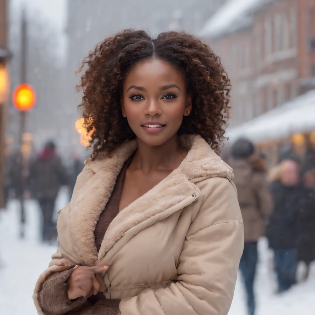 ((Dark African skin, Very deep ebony skin)), ((Its beauty  undeniable)), ((Excited cute face)), ((Hyper detailed perfect eyes,)), ((pose mignonne)), ((Langue sortie)), ((Seductive )), sexy, ((beige warm winterjacket, jeans, shopping bag)), ((Afro ponytail with long African curly hair,)), (( peau)), ((debout, vue de face)), ((toucher ses propres jambes dans une pose sexy)), ((The Hague, snow, Ville publique, people in the background, snowflakes)), Sharp Focus CGI, photoreallistic, High detail, Realstic, Masterpiece, absurdes, Best quality, Hdr, High quality, high-definition, Extremely detailed, 8k wallpaper, Intricate details, 8K UHD, Full-HD, (photo realist:1.2), contraste, intense illumination, lighting cinematic, natural lighting, veilleuse, Nuit, Illumination globale, Laughing out loud, a la piscine African women、Female sexy、people, the hague