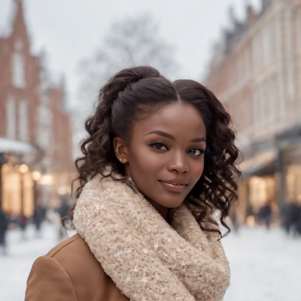 ((Dark African skin, Very deep ebony skin)), ((Its beauty  undeniable)), ((Excited cute face)), ((Hyper detailed perfect eyes,)), ((pose mignonne)), ((Langue sortie)), ((Seductive )), sexy, ((beige warm winterjacket, jeans, shopping bag)), ((Afro ponytail with long African curly hair,)), (( peau)), ((debout, vue de face)), ((toucher ses propres jambes dans une pose sexy)), ((The Hague, snow, Ville publique, people in the background, snowflakes)), Sharp Focus CGI, photoreallistic, High detail, Realstic, Masterpiece, absurdes, Best quality, Hdr, High quality, high-definition, Extremely detailed, 8k wallpaper, Intricate details, 8K UHD, Full-HD, (photo realist:1.2), contraste, intense illumination, lighting cinematic, natural lighting, veilleuse, Nuit, Illumination globale, Laughing out loud, a la piscine African women、Female sexy、people, the hague