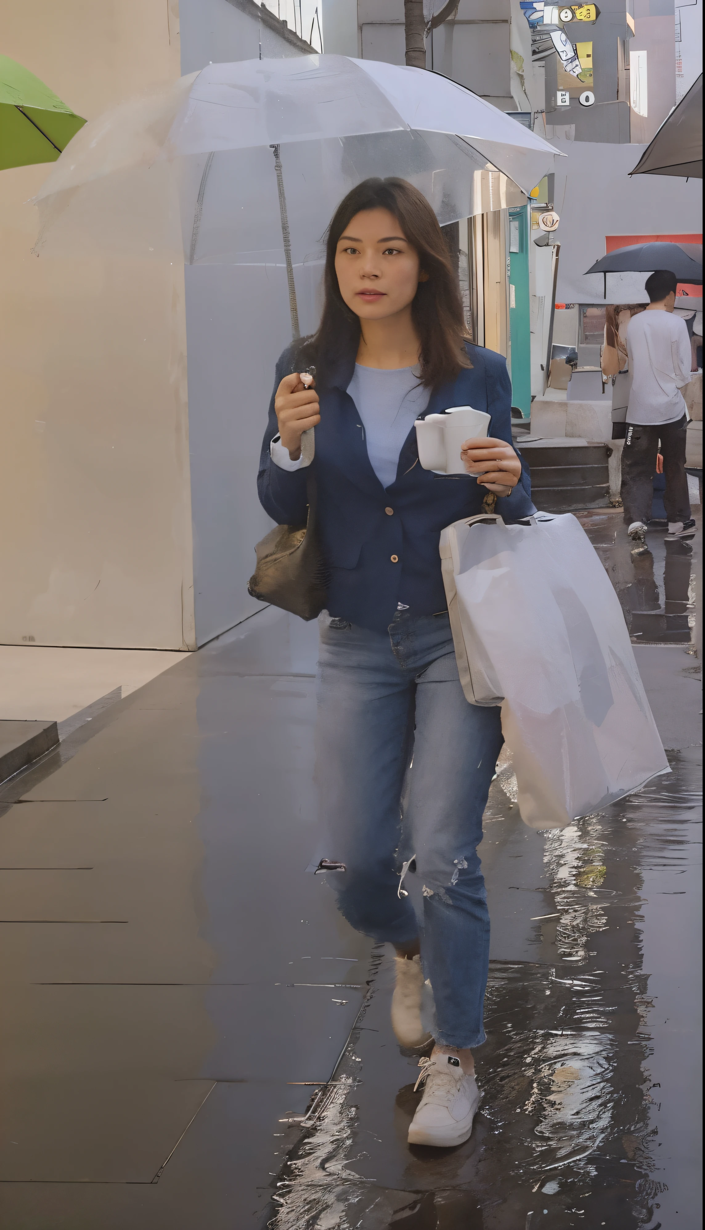 There is a woman walking on the street holding an umbrella, clear photo
