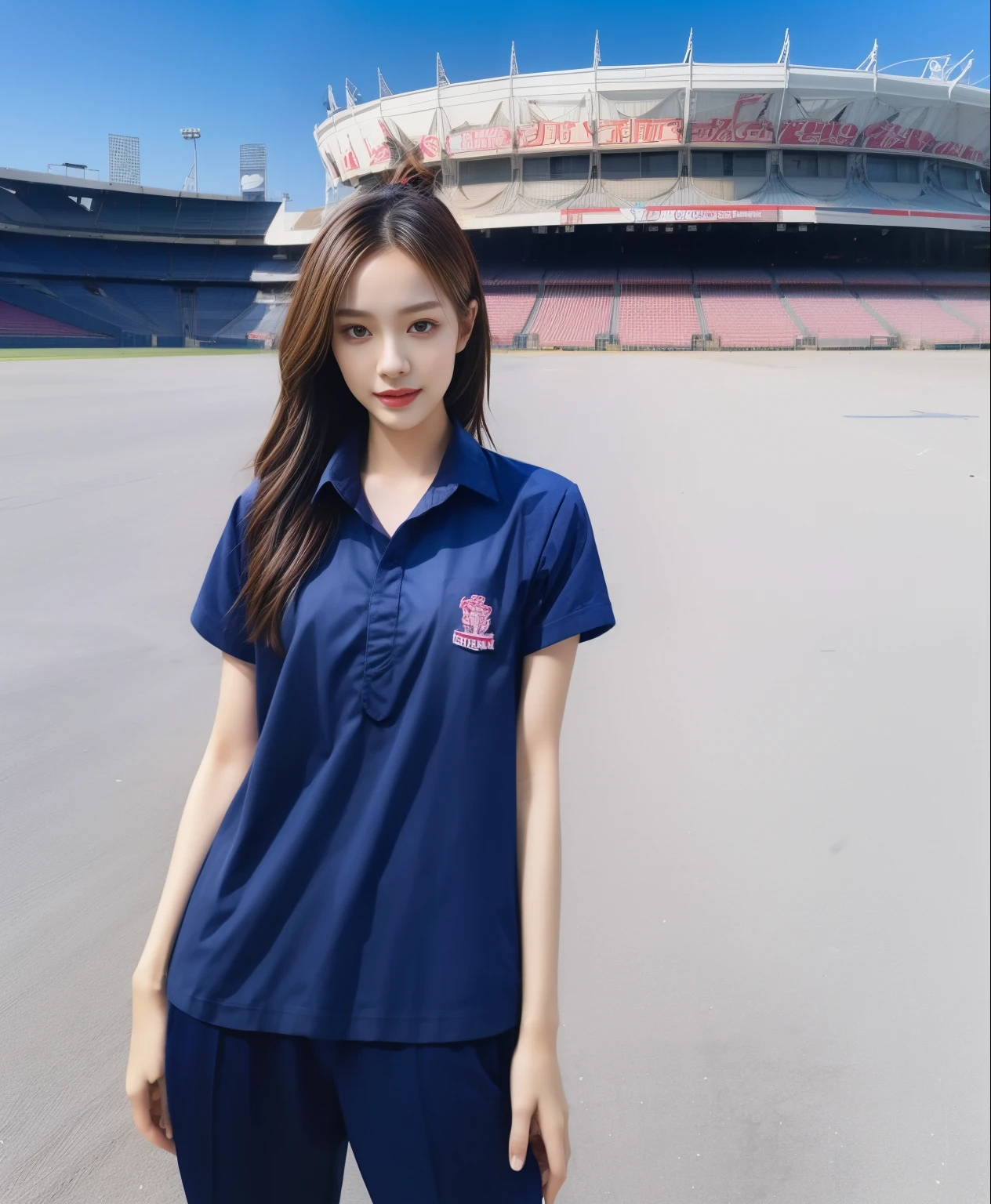 (bestquality,10,10,highres,masterpiece:1.2),ultra-detail,(Realistic,photorealistic portrait,photo-realistic:1.37),1 Cute girl in the football field,oily shiny skin,bara,light smile,BDclothelue shirt:1.3)),short sleeves,shirt, trousers.,(navy_long_Pants Track:1.1), ((Stadium Background:1.3)),dynamic angle,excited,face focus,Dynamic Poses,from behide,Ass Focus,masterpiece, bestquality, ultra realistic, hyper-detail, 8k resolution, RAW photo, crisp focus, ((Navy blue shirt:1.1)), short sleeves, Long Path, Perfect body, 2 mature women, 18yo, cinematic light,Blue sweatpants,Gymware,Correct anatomy,Complete body, Correct body, sharp face, Anatomically correct body, full entire body, Realistic gestures, long-haired, Realistic poses,Wear long shorts................................,Long leg span,Shapely,Sculpting Girl, Slender Figure, mannequin mannequins, Shapely, Beautiful body,Blue sweatpants, Two girls kissing