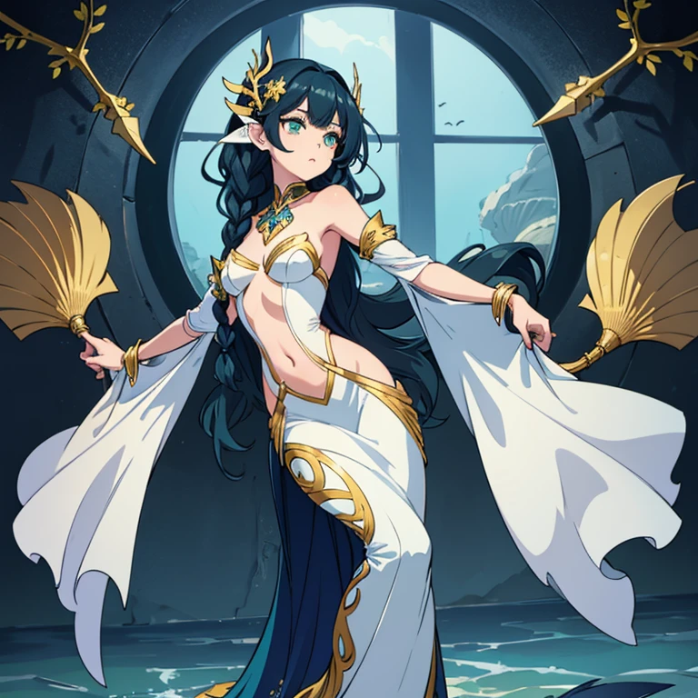 mermaid Single female with legs. Fish fin ears ( Dark blue ) wavy hair( braided ). Standing up (facing forward).  Green eyes. White and gold clothes. Shell hair ornaments