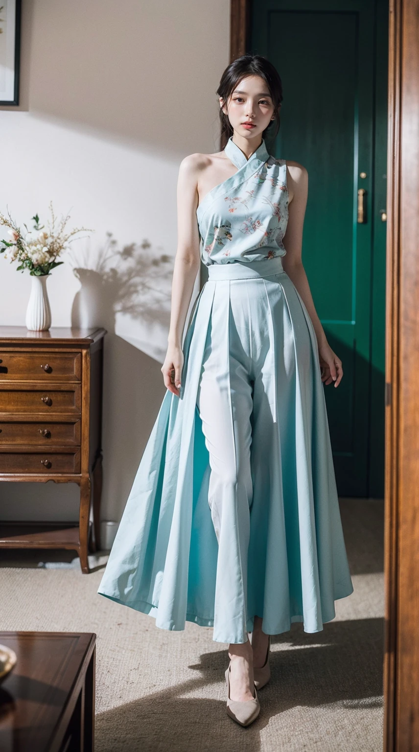 7 avatar shots,cropped shoulders,Chinese skirt,A woman in oriental clothing stands in a room with decorations,long skirt,fully body photo,in a panoramic view, Light sky blue and light emerald style, Cute and dreamy,light beige and, retro academia, elegant clothing, white and emerald green, Light white and light emerald style, light sky blue and light gold, retro academia, chinapunk, embroidery, Loose and fluid style, Luminous quality, Influenced by ancient Chinese art, Best quality colorful clothes,4K,8K,A high resolution,tmasterpiece:1.2),ultra - detailed,(actual,realistically,realistically:1.37),(8K, RAW photos, Best quality, tmasterpiece:1.2), (realistically, actual:1.4), (200mm Sigma f/1.2 ZEISS lenses, f1.2, 1/Has a history of more than 200 years, ISO 100, photography:1.4), (profesional lighting, 电影灯光, gentlesoftlighting, bright:1.2),Exquisite, ultra - detailed, The beautiful, Extremely detailed eyes and face