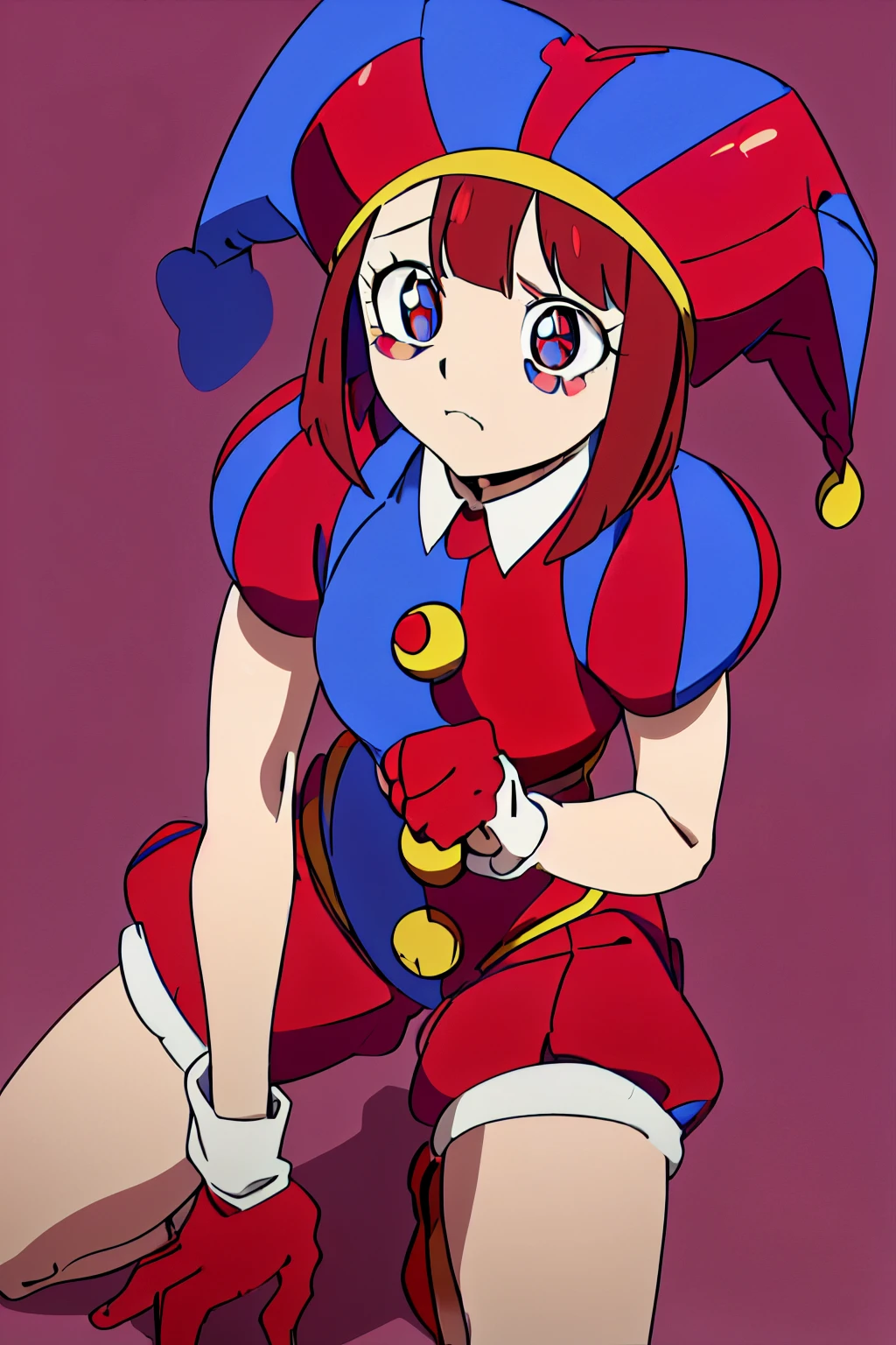 Pomni, 1girl, ((red and blue jester outfit)), red and blue jester cap, puffy short sleeves, ((red and blue gloves)), buttons, colored skin, ((symbol-shaped pupils, red and blue eyes)), ((red and blue shoes)), blush stickers, brown hair, bob cut, blunt bangs, colored skin, white skin, perfect anatomy, solo