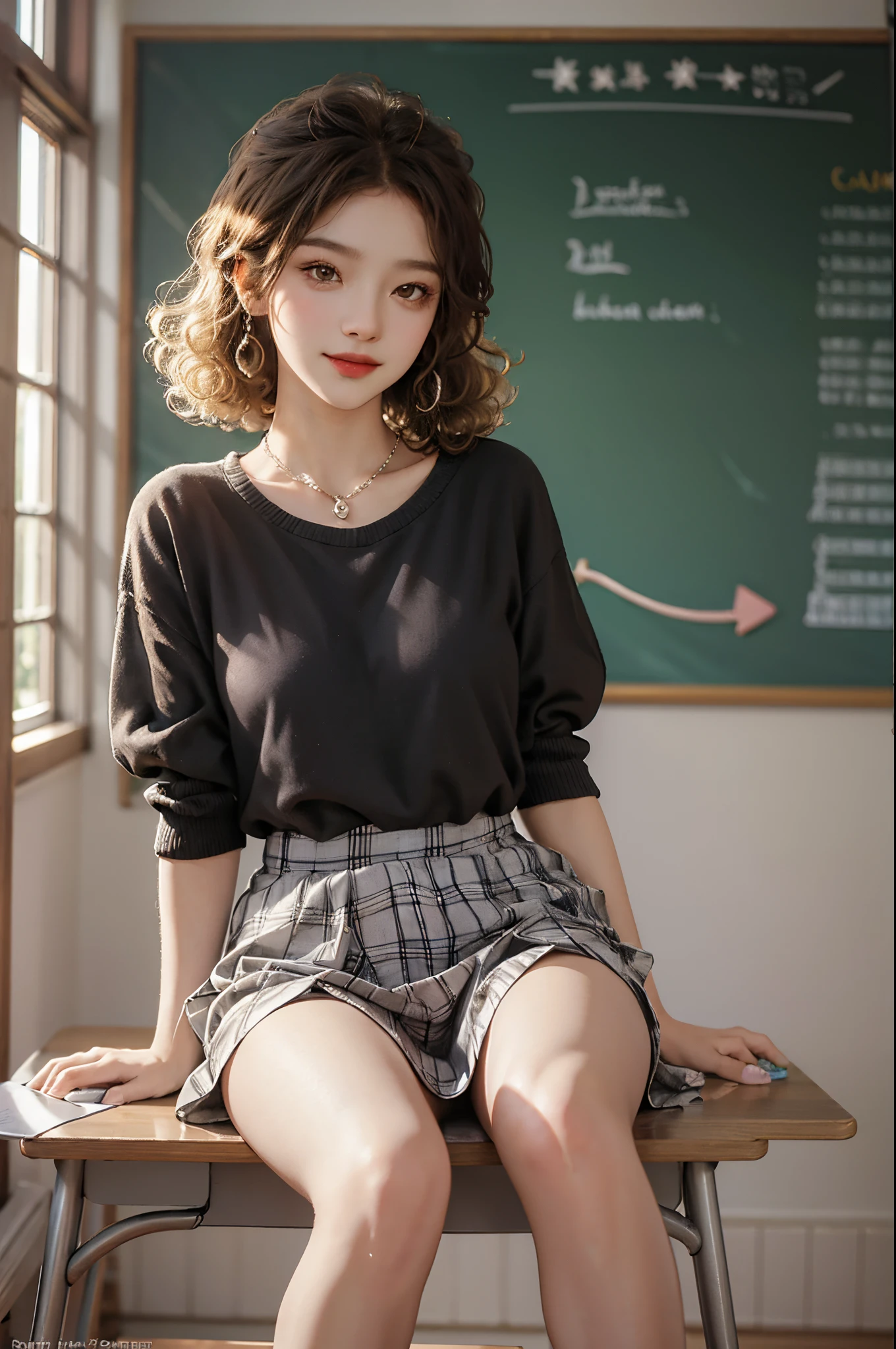 Sweet girl clothes8,(gem:1.3), ((knee shot)), fashi-girl, red lips, mature female, makeup, RAW photos，18 year old sexy model, cute young girl, messy  hair，smiled shyly, curlies, coiffed blonde hair, Campus style, in class room, sitting on the classroom desk, Fidgeting with her skirt, Thin leg, Pose gracefully, Posing for photos, Random shooting angle, Surprising detail，The content is very detailed, Smooth skin, Warm color palette, Best quality, The content is very detailed, the detail