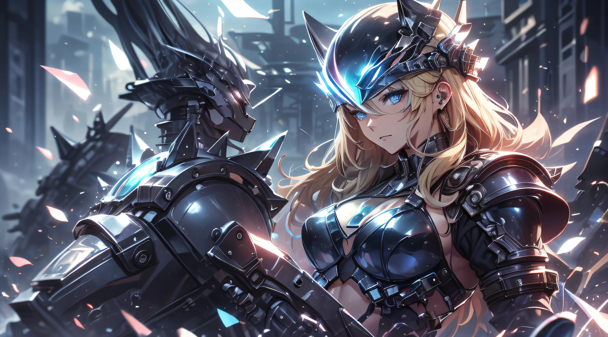 top-quality、Top image quality、masterpiece、Teenage girl((black mechanic body、Shining red body line、Thorny armor、18year old、 Ager、Best Bust、big bast,Beautiful light blue eyes, Long Blonde Hair、A slender,Large valleys、Reflecting the whole body、black mechanic helmet、Equipped with a glossy black visor for the eyes、The power cable is stuck all over the body、Waiting in a mechanical chair)),hiquality、Beautiful Art、Background with((research complex、Mechanical Laboratory、bio research))masterpiece、depth of fields,