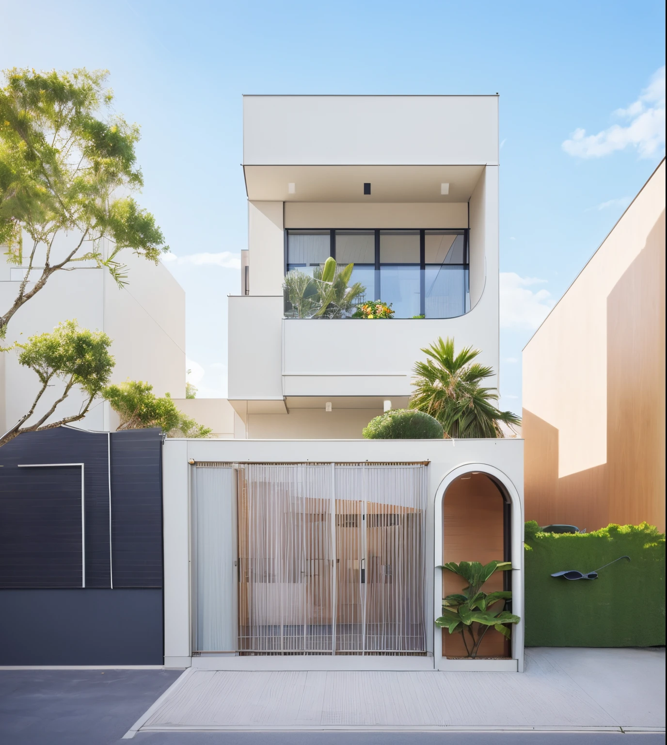 rendering of a modern house with a car parked in front, exterior design, concept house, contemporary house, residential design, frontview, inter dimensional villa, neotraditional modern, front elevation view, architectural concept, modern house, front perspective, front view, front-view, all white render, architectural concepts, 3 / 4 view, 3/4 view, front view dramatic