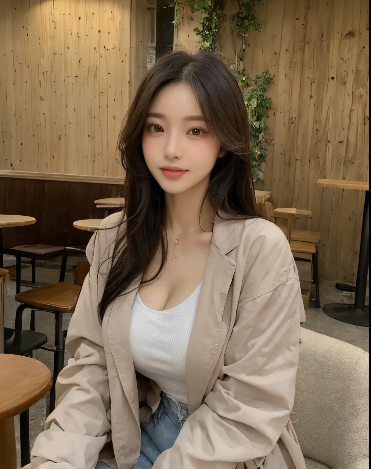 (((Best Quality, 8K, Masterpiece: 1.3,)), high-definition facial features, delicate facial feature, 1girl, Slim Abs Beauty: 1.3, ((long hair, natural hair, Big Breasts: 1.3)), ((((wearing causal attire with jacket)))), Fine Face, (((Delicate Eyes))), Double Eyelids, Smile, looking at the viewer, (full body 1.5), (((inside a cafe sitting))), ((((natural background)))), ((taking a coffee))