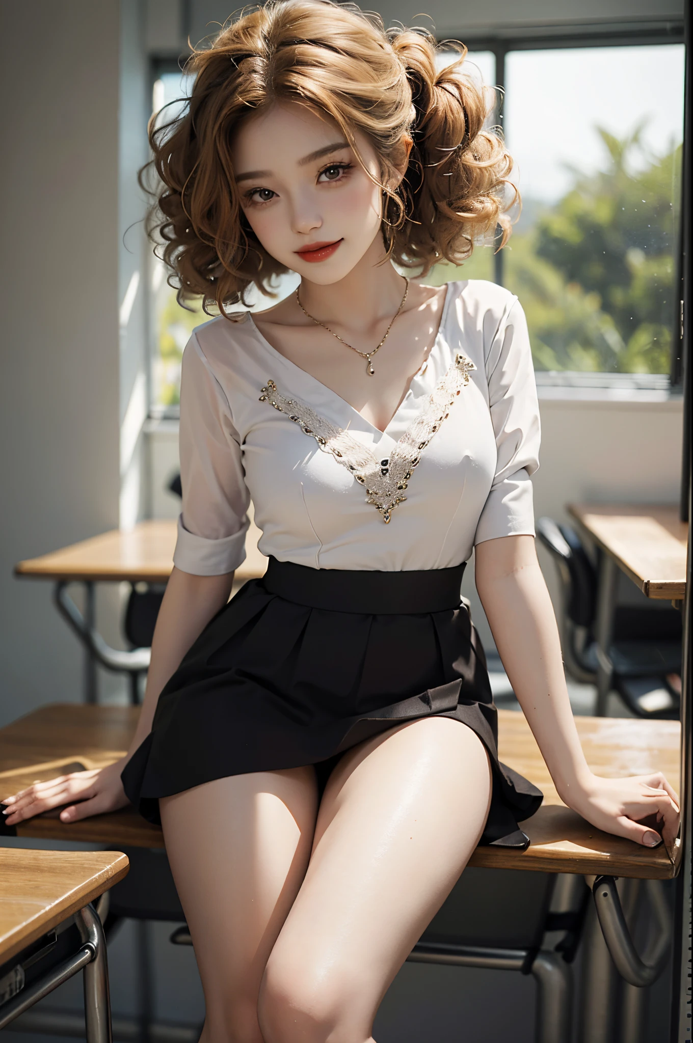 dress, ((knee shot)), fashi-girl, red lips, mature female, makeup, RAW photos，18 year old sexy model, cute young girl, messy  hair，smiled shyly, curlies, coiffed blonde hair, Campus style, in class room, sitting on the classroom desk, Fidgeting with her skirt, Thin leg, Pose gracefully, Posing for photos, Random shooting angle, Surprising detail，The content is very detailed, Smooth skin, Warm color palette, Best quality, The content is very detailed, the detail