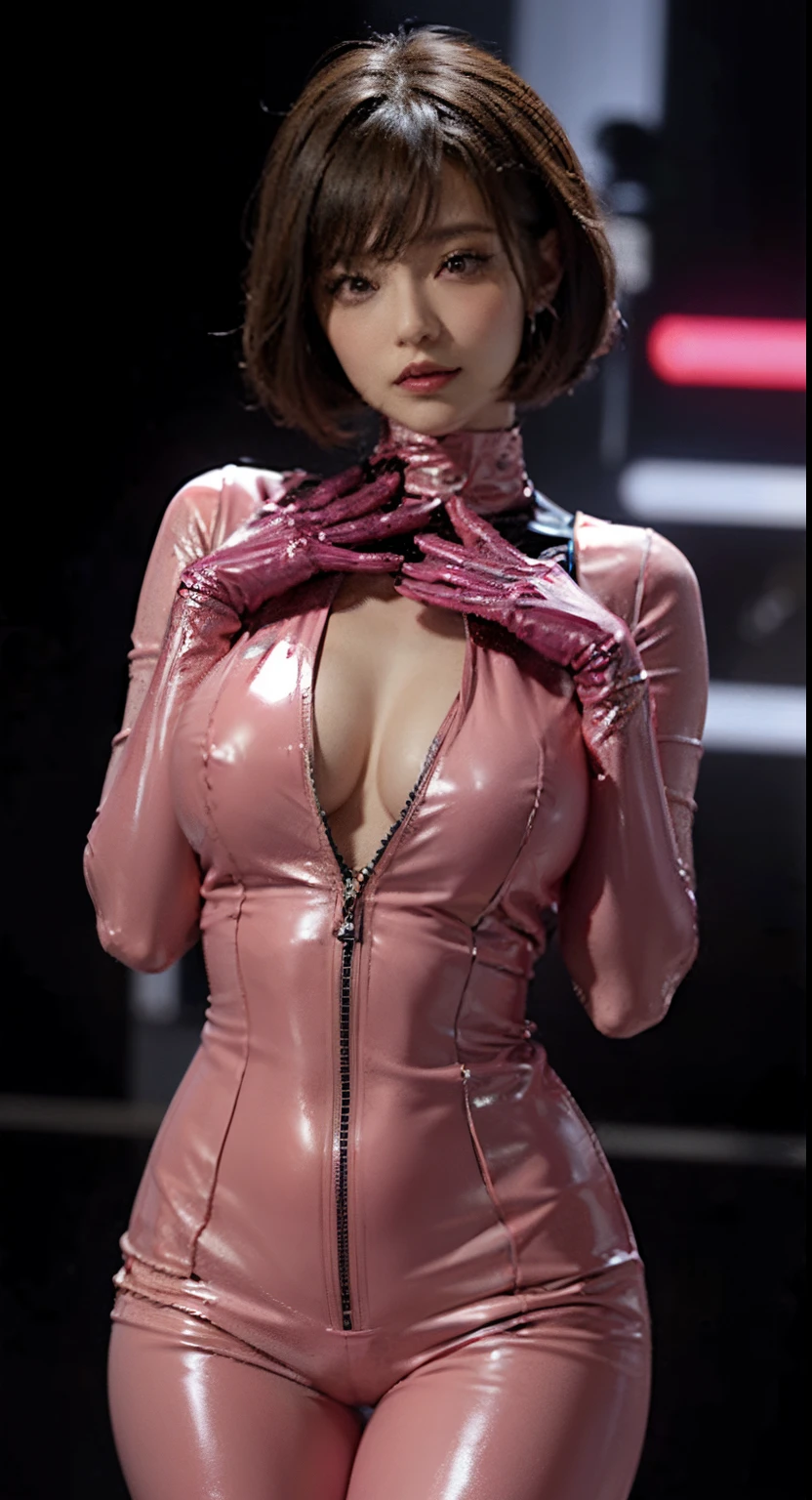 araffe in a pink latex outfit posing for a picture, cyberpunk glossy latex suit, wearing atsuko kudo latex outfit, iu lee ji-eun as a super villain, futuristic glossy latex suit, oppai cyberpunk, in a space cadet outfit, an imperial agent from star wars, beautiful female android!, as a retro futuristic heroine, quiet from metal gear solid