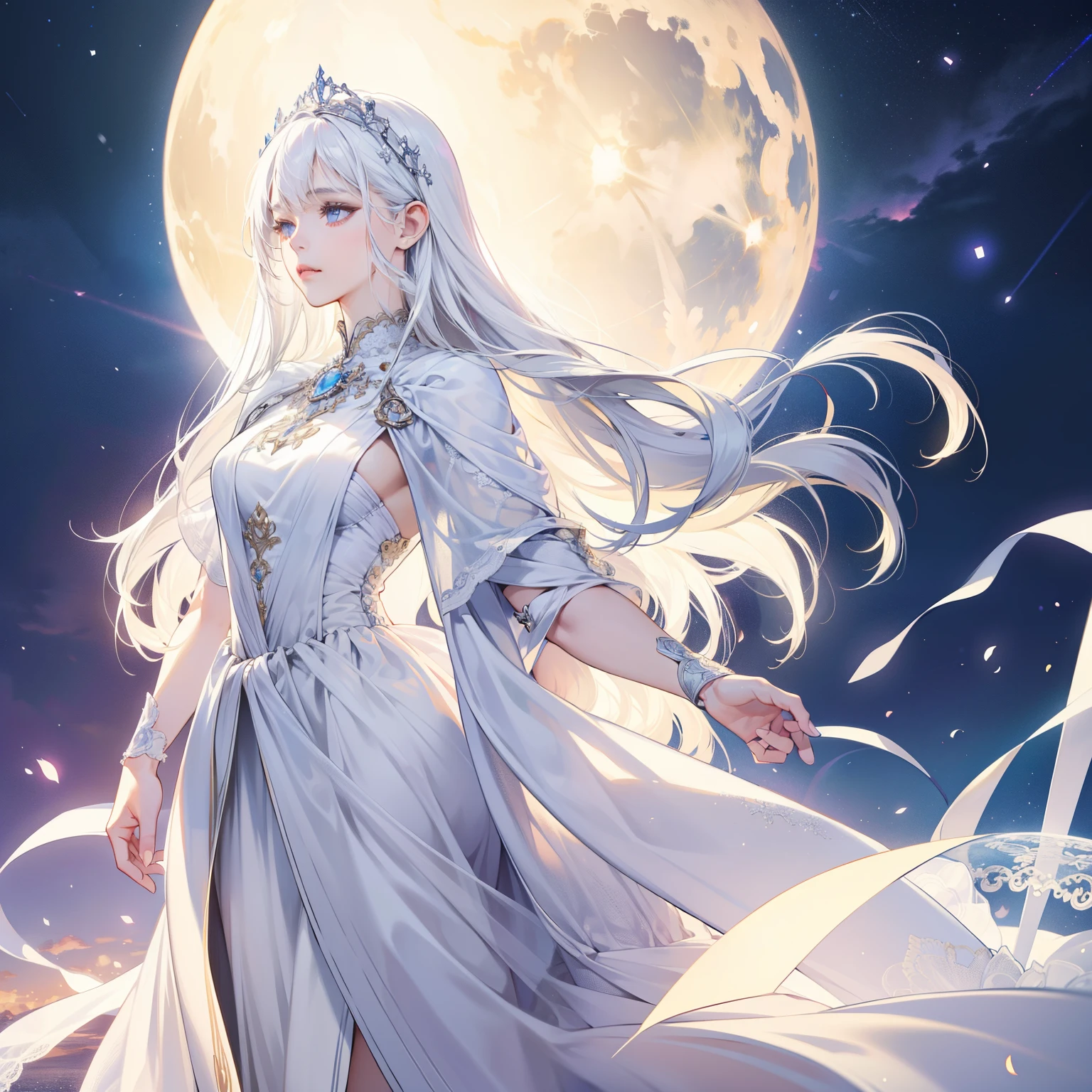 Masterpiece, high quality, best quality, HD, realistic, perfect lighting, detailed body, 1 woman, perfect eyes, long hair, White Hair, glowing, white princess Dress, heaven background.