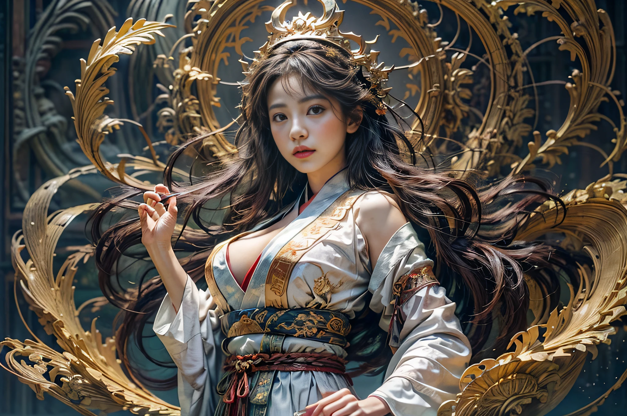 Official Art, Unified 8K Wallpapers, Ultra Detailed, Beautiful and Aesthetic, Masterpiece, Best Quality, (Zentangle, Tangle, Entangle), (fractal art: 1.4), (character center: 1.3), 1girl, black hair, Chinese, off-the-shoulders, short skirt, calf, navel, very detailed, dynamic angle, cowboyshot, (most beautiful form of chaos), ethereal, (bright colors), oc, (half: 1.2), china, (thangka flying sky: 1.5), (ribbon: 1.3), (dream: 1.5), (hanfu: 1.5), Chinese dragon, Chinese phoenix, (smile: 0.5), ( Chinese deities), (gigantic breasts:1.6), gigantic cleavage breasts,