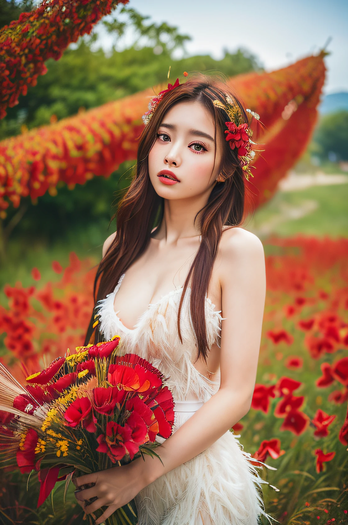 (8K、top-quality、masterpiece:1.2)、(8K、top-quality、masterpiece:1.2)、dark themed、(top-quality、masterpiece:1.2)、20 year old girl wearing a ruined feather dress、(Confusion of red flowers in the background:1.3)、Beautie、korean temple