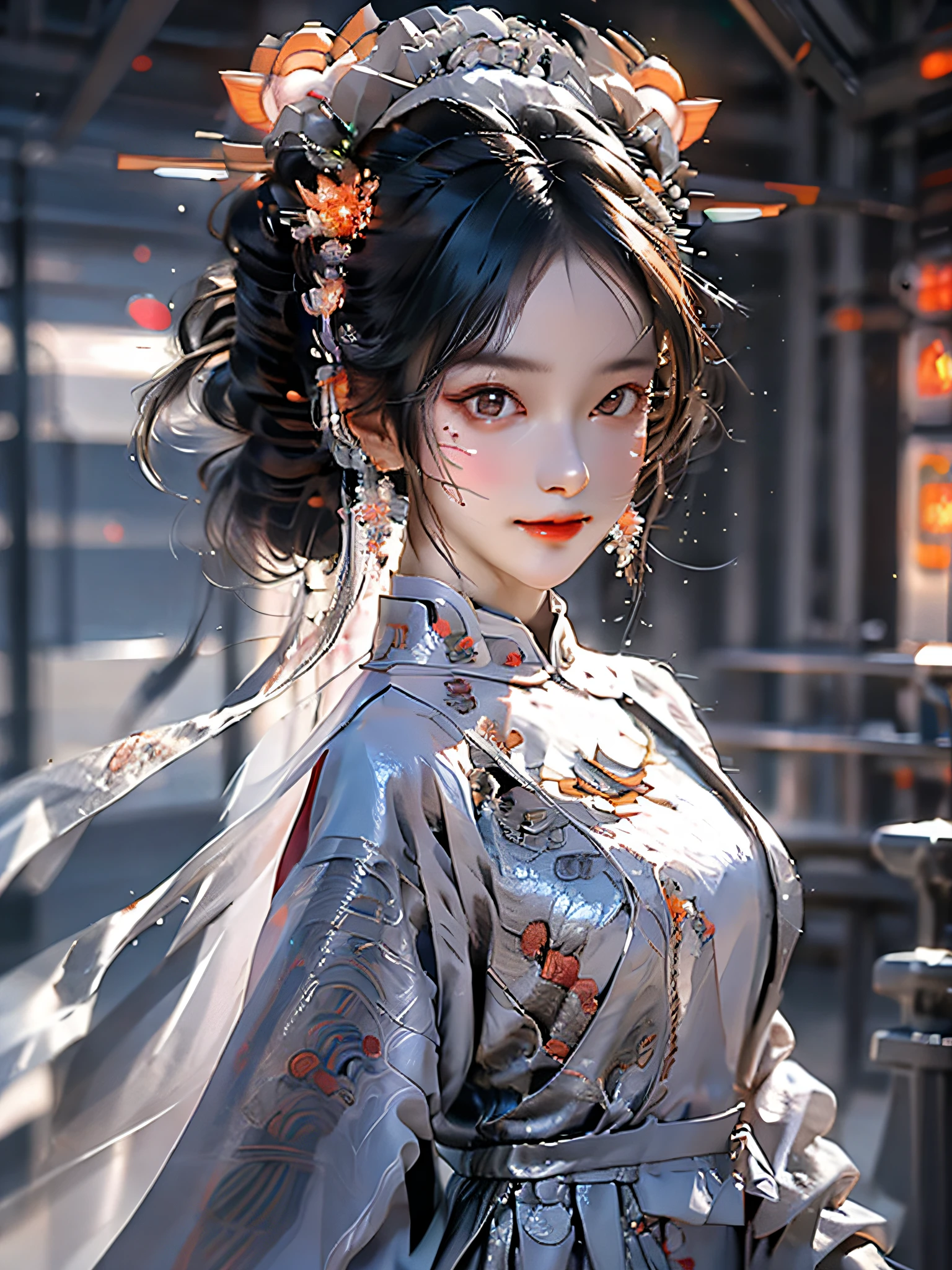 1 girl, Chinese_clothes, liquid silver and orange, cyberhan, cheongsam, cyberpunk city, dynamic pose, detailed luminous headphones, glowing hair accessories, long hair, glowing earrings, glowing necklace, cyberpunk, high-tech city, full of mechanical and futuristic elements, futuristic, technology, glowing neon, orange, orange light, transparent tulle, transparent streamers, laser, digital background  sky, big moon, with vehicles, best quality, masterpiece, 8K, character edge light, Super high detail, high quality, the most beautiful woman in human beings, micro smile, face facing front and left and right symmetry, ear decoration, beautiful pupils, light effects, visual data, silver white hair, super detail facial texture