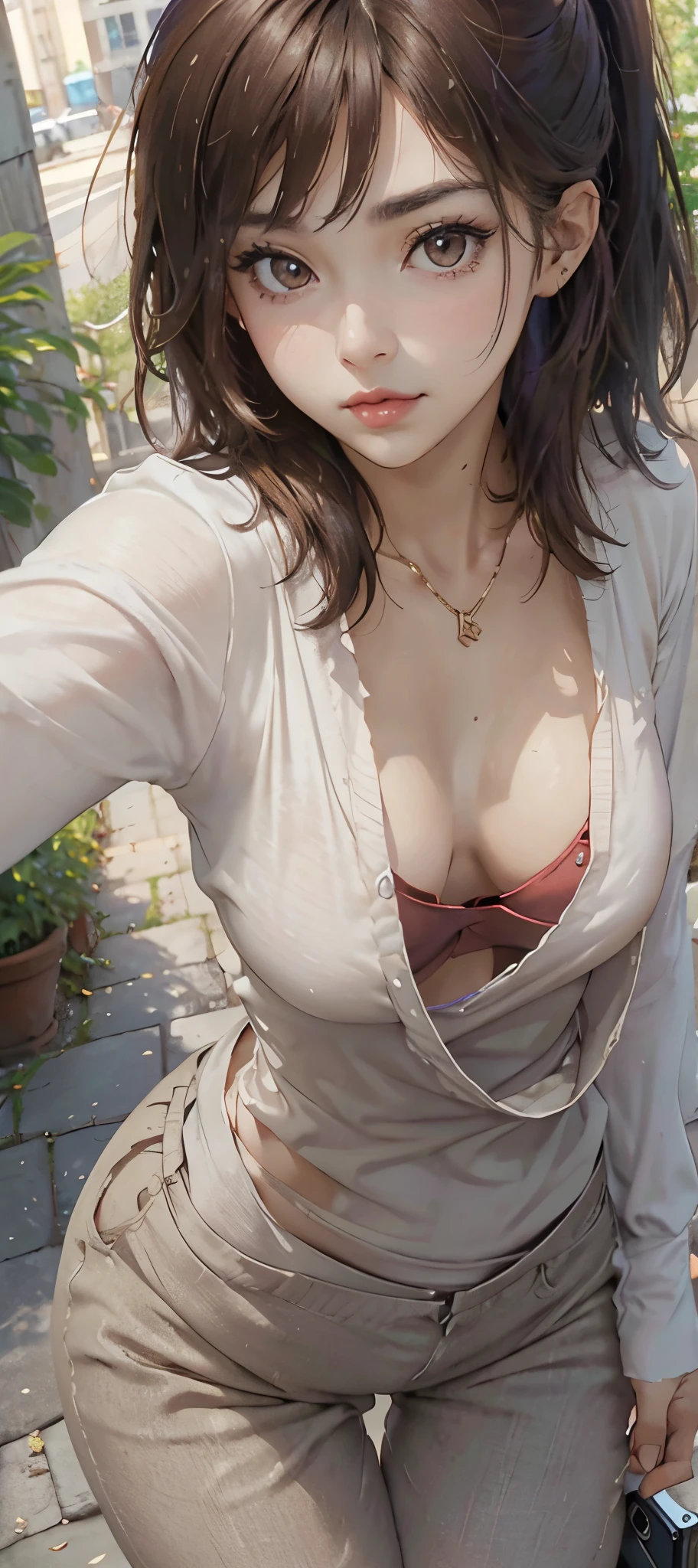 light-brown hair, small ???????, slim waist, thick thighs, shapely ????, slim body, ponytail, (((tight blouse))), (((sultry look))), cleavage, necklace, seductive posture, ?????? squeeze, downblouse, leaning forward, park, path, trees, flowers, distant city in the background, looking at viewer, sultry look, (((selfie)))