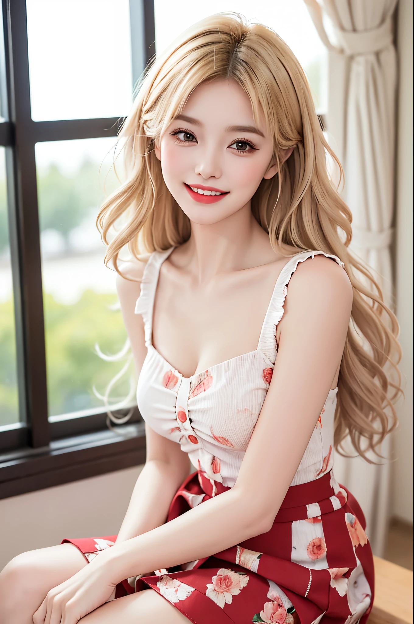 (Ultra Real), (Illustration), (High Resolution), (8K), (Very Detailed), (Best Illustration), (Beautiful and Detailed Eyes), (Best Quality), (Ultra Detailed), (Masterpiece), (Wallpaper), (Detailed Face), Solo, One Girl, Full Body, Staring Viewer, Fine Eyes and Mouth, Detailed Face and Hands, Bar Counter, In the Dark, Low Key, pureerosfaceace_v1, Smile, Long Hair, dark blonde wavy hair, bangs, sitting deeply on sofa, beautiful teeth, blushing cheeks, mesmerizing look, pink loose off-shoulder clothes, mini skirt, earrings, necklace, black tights, cleavage, legs open, nogizaka idol, korean idol, actress, selfie, armpit, arms crossed behind back