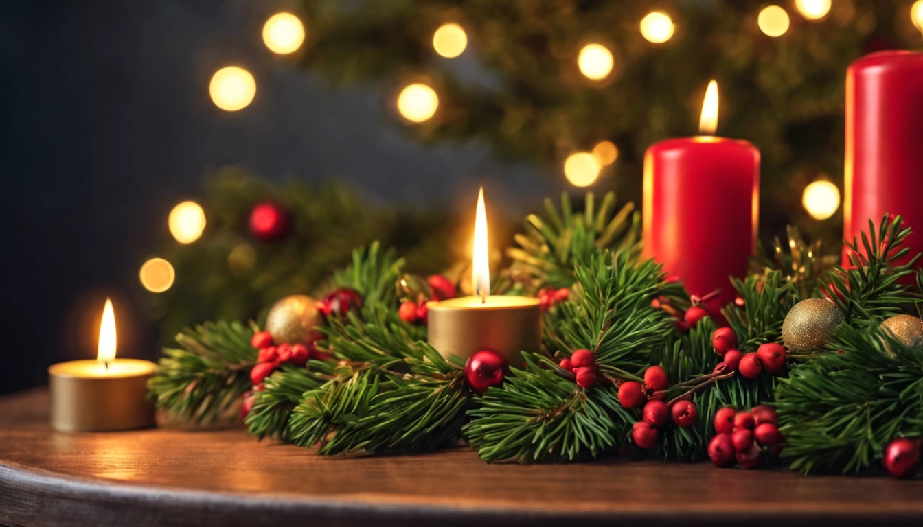 Breathtaking cinematic photo of a real Hyperrealistic christmas still life, ((close-up photo)) of a beautiful stunning christmas tree decorated with (((mistletoe and pine branches))) decorated with golden christmas tree decorations, Christmas tree garlands, golden and red colored Christmas tree balls, angel figurines, red colored candles in golden candlesticks, candle lights, in the background multicolor led lights (red, blue, green, yellow), extremely high-resolution details, photorealism, realistic lifelike textures, masterpiece, best quality, sharp focus, photorealism, photorealistic, 8k, volumetric light, (intricate details), hdr, high detailed, high quality, soft cinematic light, dramatic atmosphere, atmospheric perspective, ultra realistic, neutral colors, cinematic lighting, wide angle, film grain, dslr, raw photo, photo,