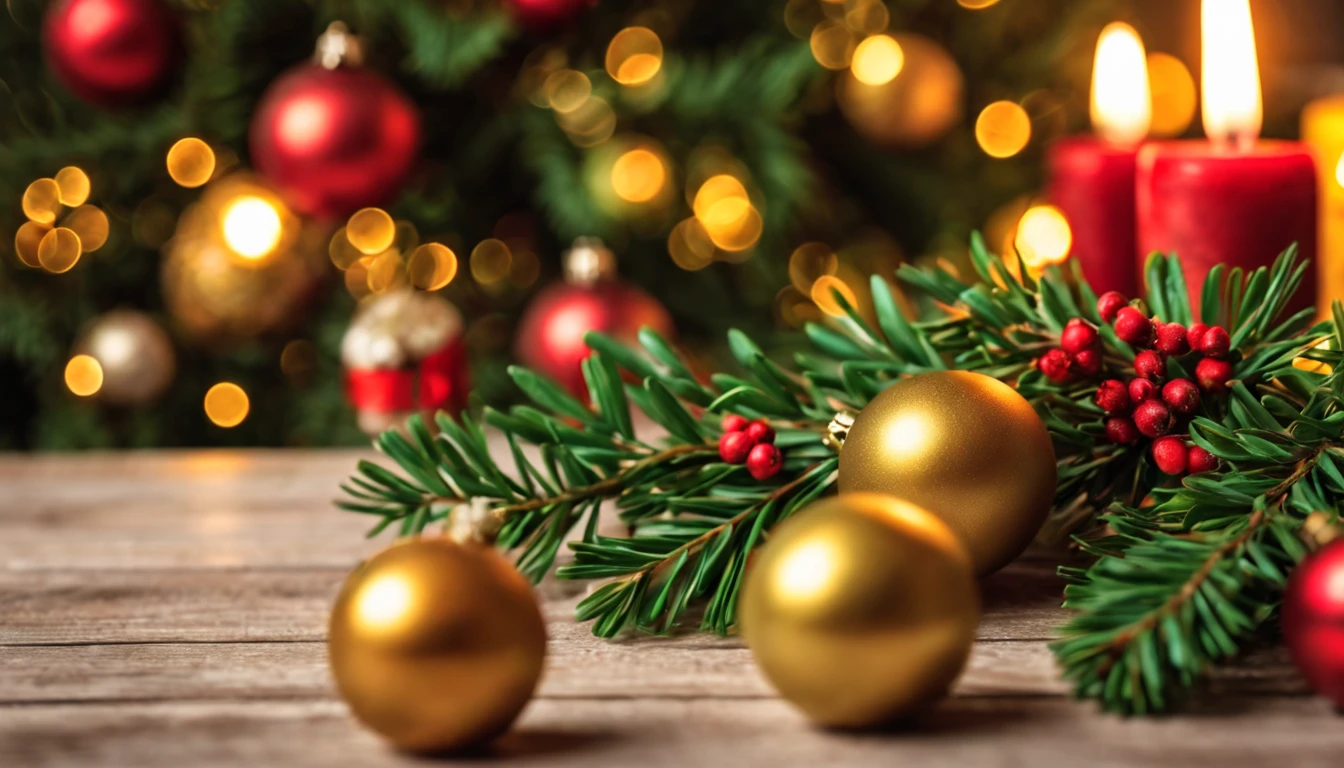 Breathtaking cinematic photo of a real Hyperrealistic christmas still life, ((close-up photo)) of a beautiful stunning christmas tree decorated with (((mistletoe and pine branches))) decorated with golden christmas tree decorations, Christmas tree garlands, golden and red colored Christmas tree balls, angel figurines, red colored candles in golden candlesticks, candle lights, in the background multicolor led lights (red, blue, green, yellow), extremely high-resolution details, photorealism, realistic lifelike textures, masterpiece, best quality, sharp focus, photorealism, photorealistic, 8k, volumetric light, (intricate details), hdr, high detailed, high quality, soft cinematic light, dramatic atmosphere, atmospheric perspective, ultra realistic, neutral colors, cinematic lighting, wide angle, film grain, dslr, raw photo, photo,