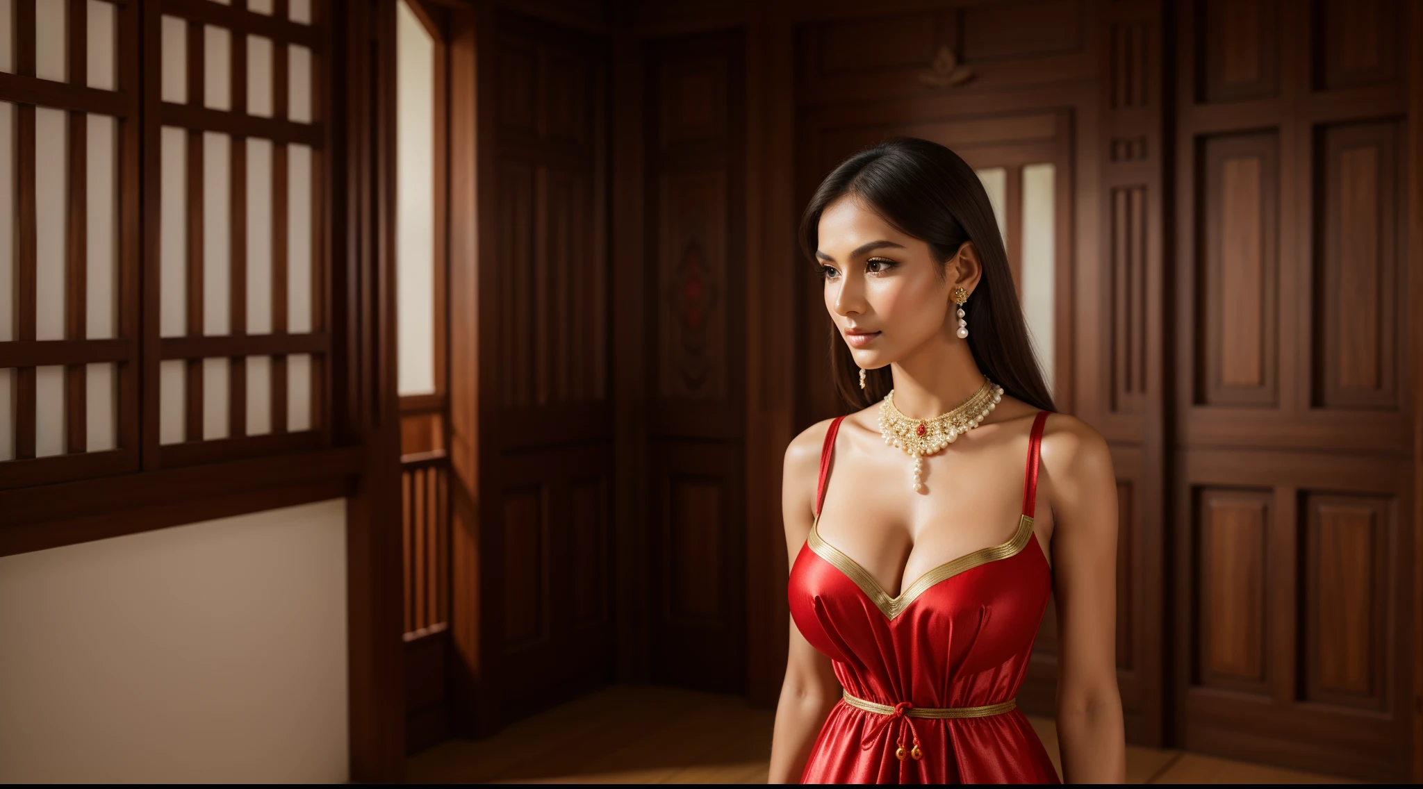 ((a girl (stand:1.2) (alone:1.4) in a room)),((full-body:1.2, cinematic-shot)),(best quality,4k,8k,highres,masterpiece:1.2),ultra-detailed,(realistic,photorealistic,photo-realistic:1.37),(beautiful and aesthetic:1.2),(film grain:1.3).

[(1girl),(solo),((1 person)),(17years-old),[Rara-Eka-Danti],pearl skin,(skin pores:1.1),beautiful detailed eyes,beautiful detailed lips,extremely detailed eyes,longeyelashes,extremely detailed face and skin texture,(skin texture:1.1),black hair,tall and slender body,(192cm tall),thin and delicate figure,graceful posture,flawless skin,defined abs,perfect curves,feminine appearance,beautiful long legs,embodying elegance and beauty,(cleavage breasts,large breasts:1.4),((wearing a (red ultra-short ethnic minidress:1.4))),extremely detailed and realistic (red) clothes,(shiny skin),((sharp focus:1.5)),(earringeathers:1.5)].

[Indonesian traditional room, wooden furniture, intricate carvings, ornate decorations, vibrant colors, batik textiles, natural lighting, teak wood craftsmanship, traditional artwork, antique objects, wooden sculptures, rich cultural heritage, traditional architecture].

Official art,extremely detailed,Angelic ethereal beauty,award-winning photography,professional photography,depth-of-field,bokeh.