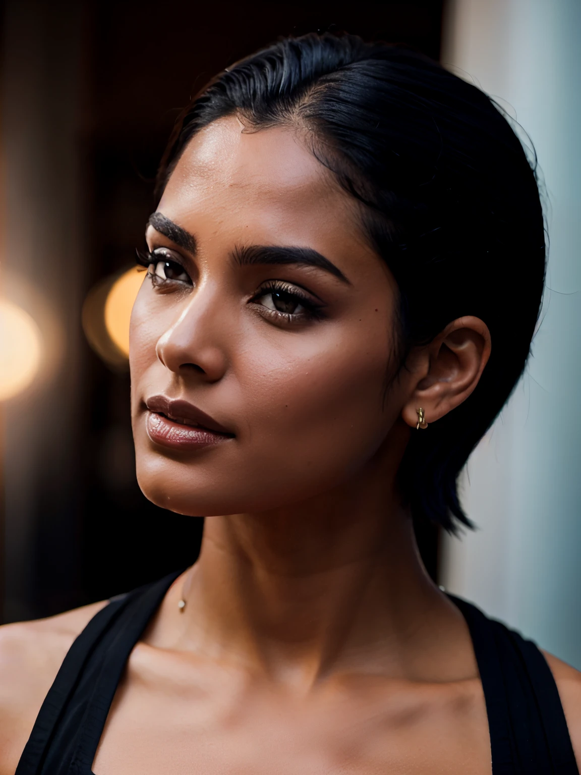 black hair, indian woman, short hair, gelled slicked back hair, skinny, topless, realistic, professional photo, portrait