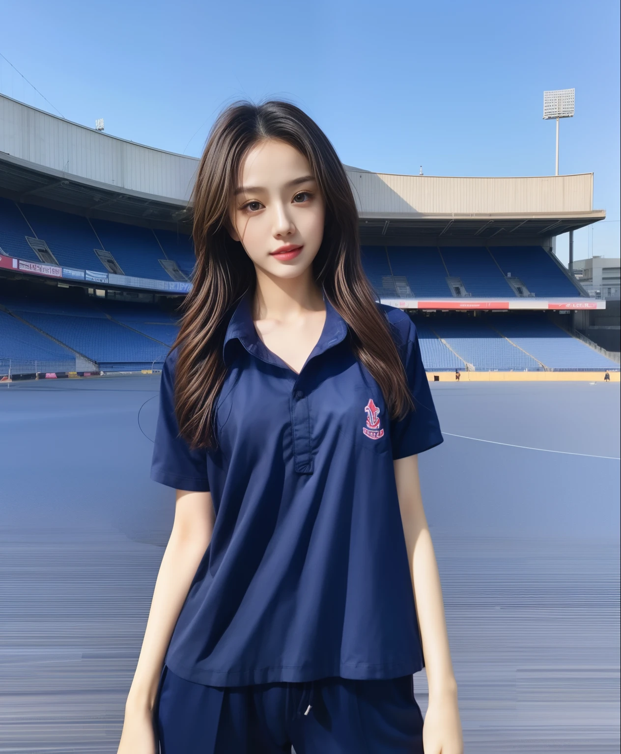 (bestquality,10,10,highres,masterpiece:1.2),ultra-detail,(Realistic,photorealistic portrait,photo-realistic:1.37),1 Cute girl in the football field,oily shiny skin,bara,light smile,BDclothelue shirt:1.3)),short sleeves,shirt, trousers.,(navy_long_Pants Track:1.1), ((Stadium Background:1.3)),dynamic angle,excited,face focus,Dynamic Poses,from behide,Ass Focus,masterpiece, bestquality, ultra realistic, hyper-detail, 8k resolution, RAW photo, crisp focus, ((Navy blue shirt:1.1)), short sleeves, Long Path, Perfect body, 2 mature women, 18yo, cinematic light,Blue sweatpants,Gymware,Correct ???????,Complete body, Correct body, sharp face, Anatomically correct body, full entire body, Realistic gestures, long-haired, Realistic poses,Wear long shorts.................................,Long leg span,Shapely,Sculpting Girl, Slender Figure, mannequin mannequins, Shapely, Beautiful body,Blue sweatpants, Two girls kissing