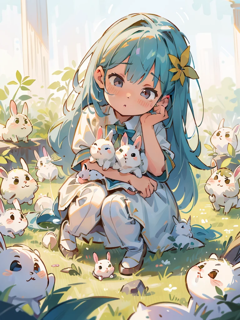 (Best quality,4K,8K,A high resolution,tmasterpiece:1.2),ultra - detailed,(actual,realistically,realisticlying:1.37),A group of little white rabbits playing in the sun,have plenty of sunlight,Flat meadow rainbow
