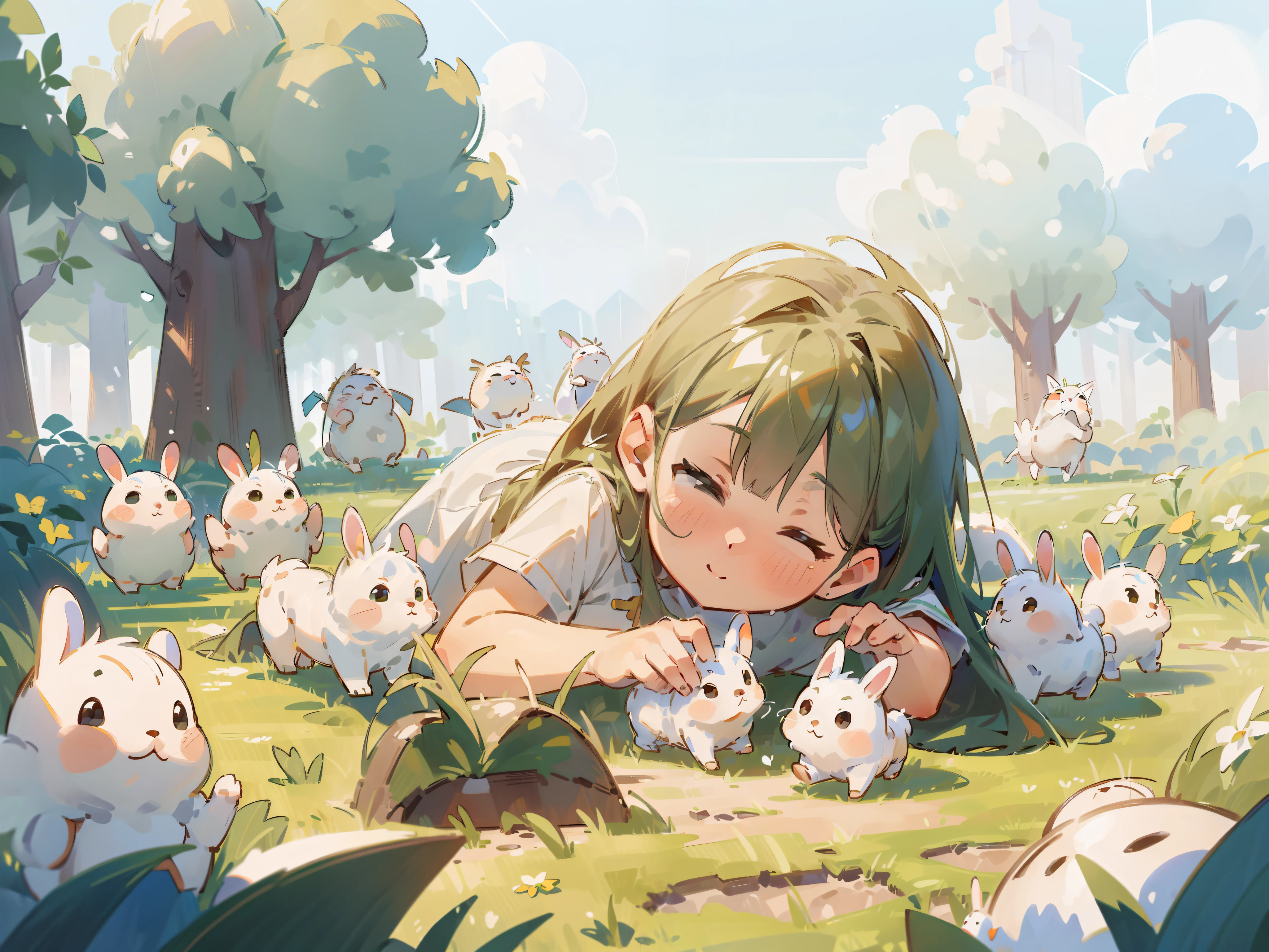 (Best quality,4K,8K,A high resolution,tmasterpiece:1.2),ultra - detailed,(actual,realistically,realisticlying:1.37),A group of little white rabbits playing in the sun,have plenty of sunlight,grassy fields,rainbowing,