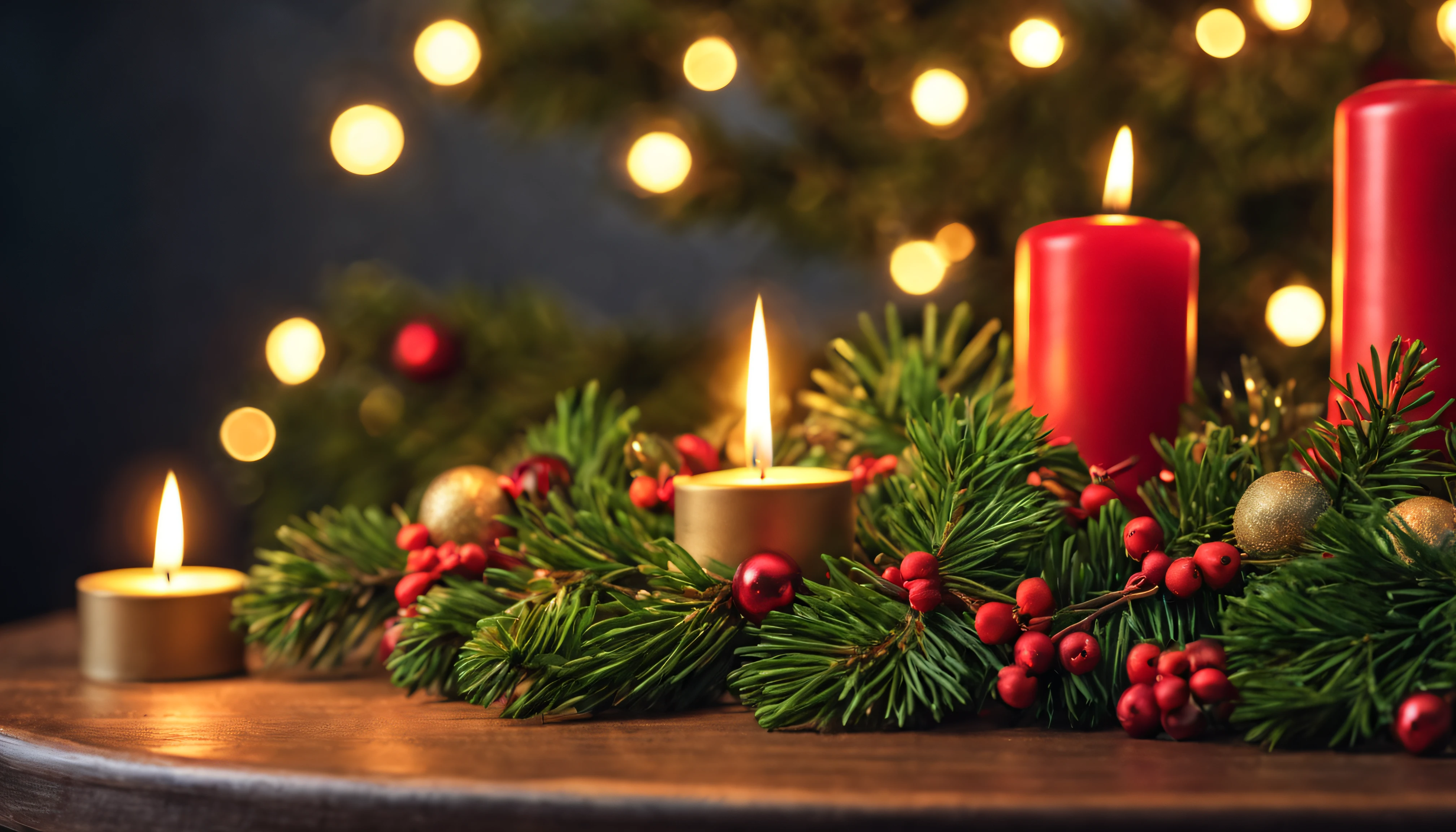 Breathtaking cinematic photo of a real Hyperrealistic christmas still life, ((close-up photo)) of a beautiful stunning christmas tree decorated with (((mistletoe and pine branches))) decorated with golden christmas tree decorations, Christmas tree garlands, golden and red colored Christmas tree balls, angel figurines, red colored candles in golden candlesticks, candle lights, in the background multicolor led lights (red, blue, green, yellow), extremely high-resolution details, photorealism, realistic lifelike textures, masterpiece, best quality, sharp focus, photorealism, photorealistic, 8k, volumetric light, (intricate details), hdr, high detailed, high quality, soft cinematic light, dramatic atmosphere, atmospheric perspective, ultra realistic, neutral colors, cinematic lighting, wide angle, film grain, dslr, raw photo, photo,