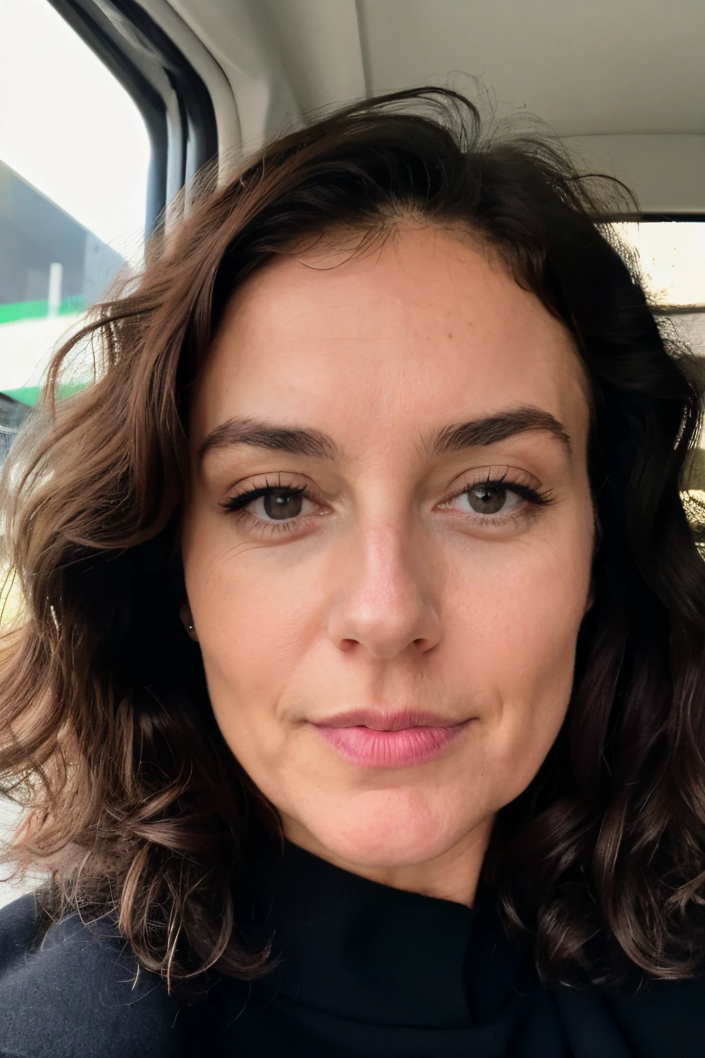 femme de 60 ans, corps marked par l&#39;age, rides au visage, eyeliner, nez crochu, Dans sa voiture,. elle est nue, Selfie avec le telehpone, Curly and dark hair. Vue du dessus, elle regarde le spectateur. Elle montre son vagin