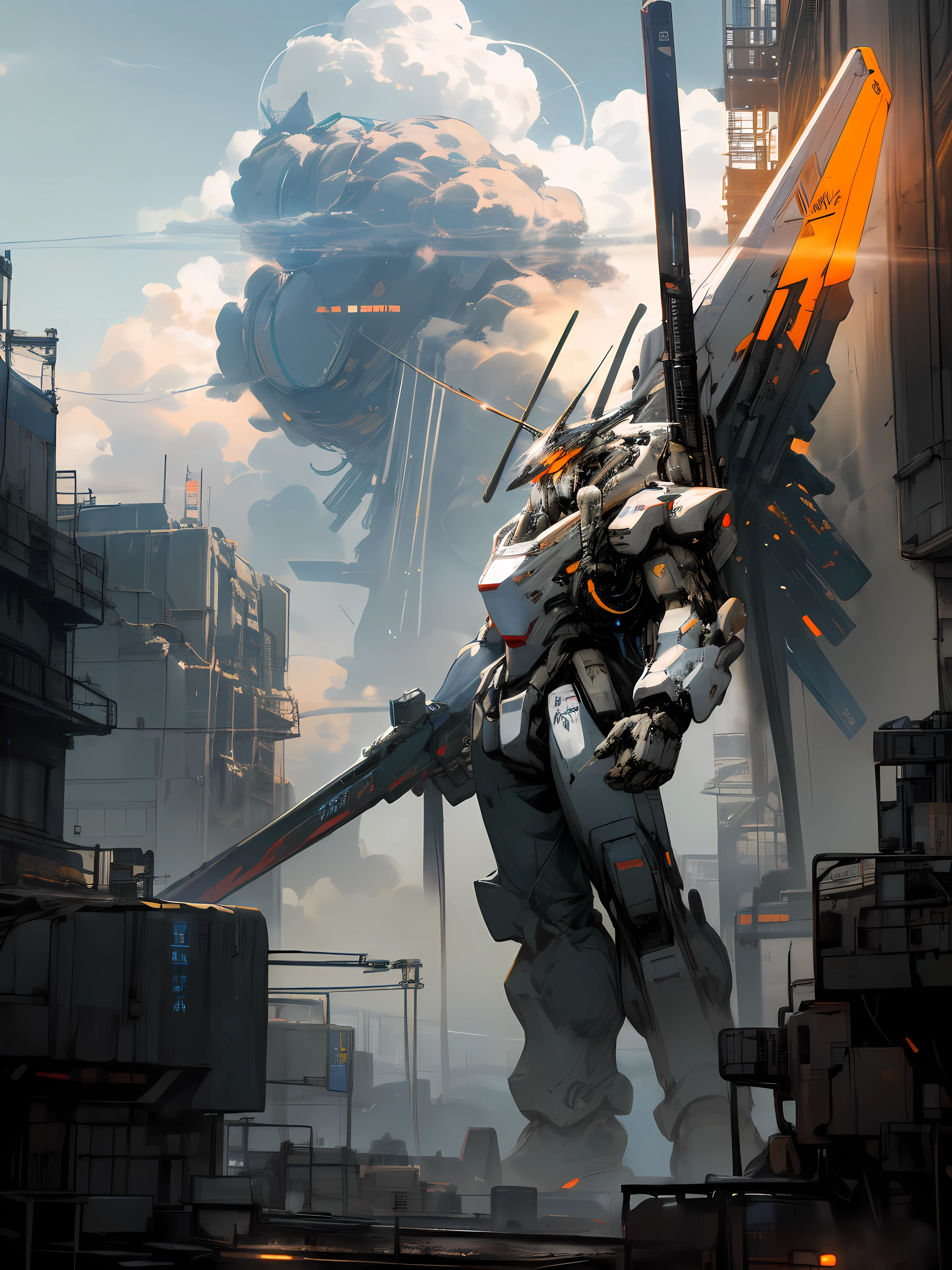 on moon, holdingweapon, without humans, droid, orange Mecha, scientific fiction, 城市, Realistis, mechs, Galaxy background, neon, cyber punk perssonage, tall, humongous large breast,Skysky, clouds, ngel_arma, The No_Humanity, droid, mechs, scientific fiction, reality,mechs.