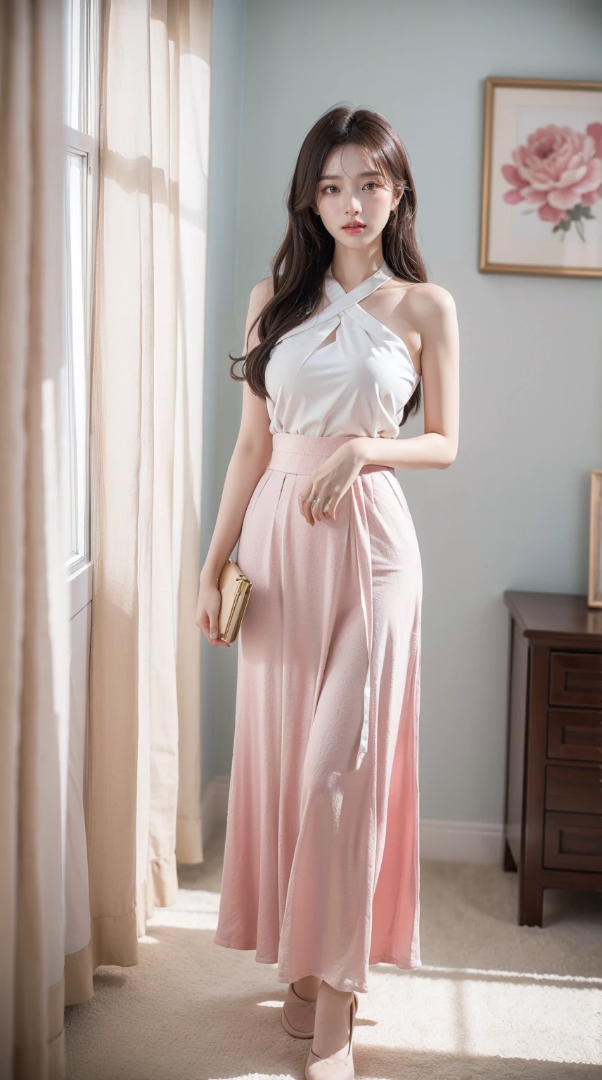 Seven-doppelganger shot,cropped shoulders,Short Chinese skirt,A woman in oriental clothing stands in a room with decorations,long skirt,Full body photo,in a panoramic view, light sky blue and pink style, Cute and dreamy,light beige and, retro academia, elegant white outfit, white and emerald green, Light white and light style, light pink and light gold, retro academia, chinapunk, embroidery, Loose and fluid style, Luminous quality, Influenced by ancient Chinese art, Best quality colorful clothes,4K,8K,A high resolution,tmasterpiece:1.2),ultra - detailed,(actual,realistically,realistically:1.37),(8K, RAW photogr, Best quality at best, tmasterpiece:1.2), (realistically, actual:1.4), (profesional lighting, 电影灯光, gentlesoftlighting, bright:1.2),Exquisite, ultra - detailed, The beautiful, Extremely detailed eyes and face