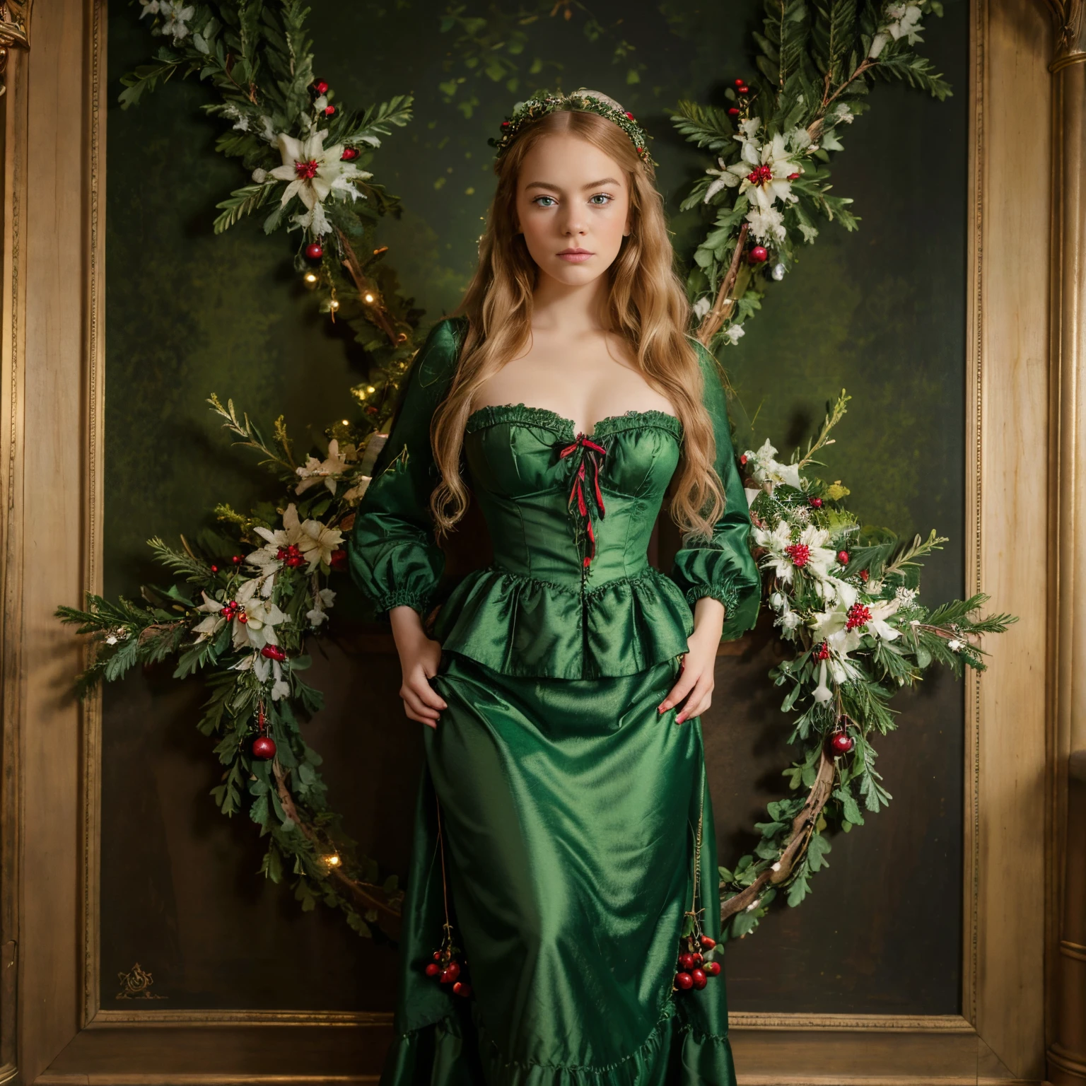 Christmas theme, masterpiece, ultra high res,(photo realistic:1.4), full body picture, standing with mistletoe, blueberries, flowers, victorian painting era, victorian lady, ling blonde hair, high quality, perfect face, green eyes, christmas themed with a christmas tree in the background, young Emma Stone face in a victorian full dress