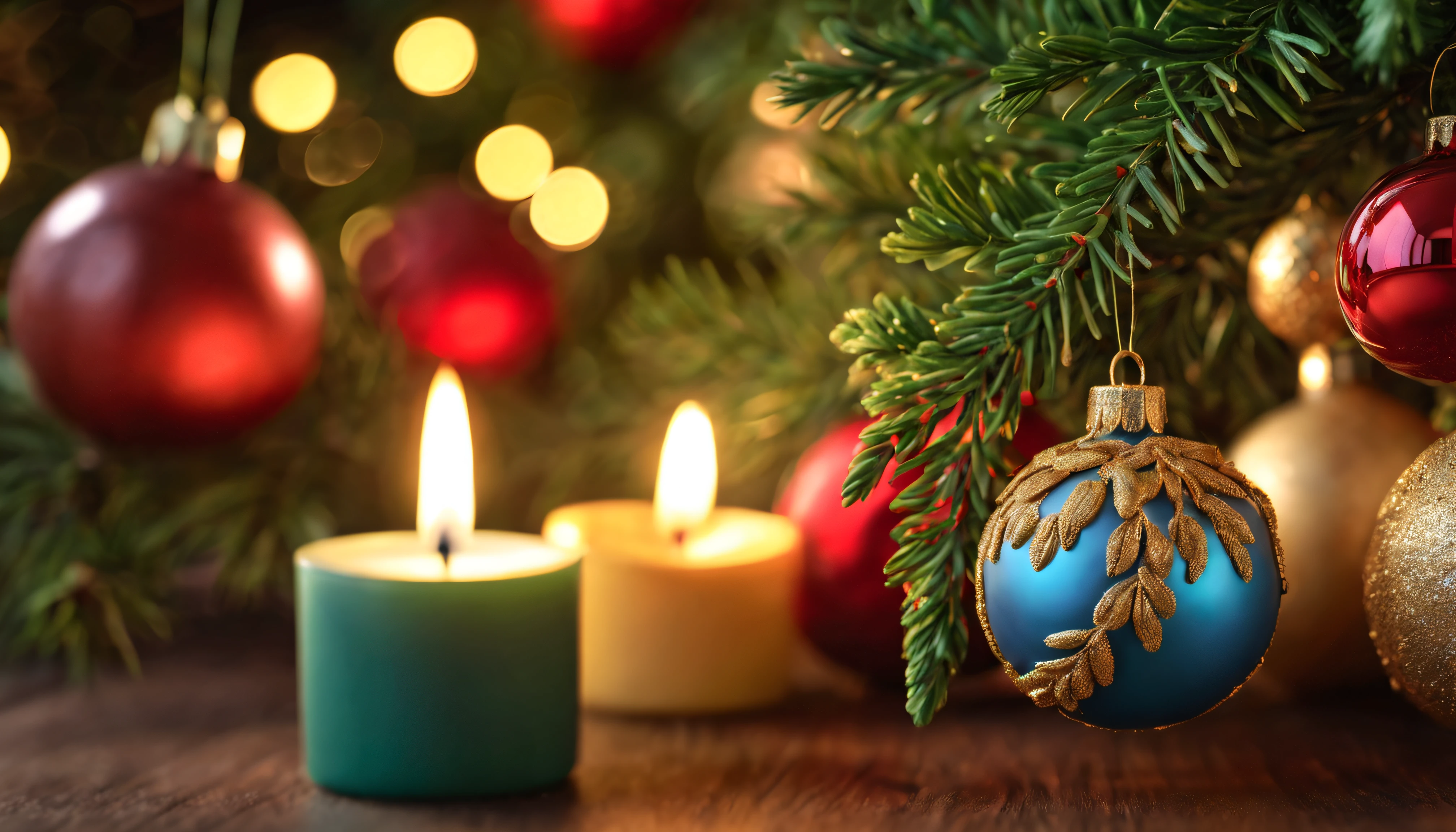 Breathtaking cinematic photo of a real Hyperrealistic christmas still life, ((close-up photo)) of a beautiful stunning christmas tree decorated with (((mistletoe and pine branches))) decorated with golden christmas tree decorations, Christmas tree garlands, golden and red colored Christmas tree balls, angel figurines, red colored candles in golden candlesticks, candle lights, in the background multicolor led lights (red, blue, green, yellow), extremely high-resolution details, photorealism, realistic lifelike textures, masterpiece, best quality, sharp focus, photorealism, photorealistic, 8k, volumetric light, (intricate details), hdr, high detailed, high quality, soft cinematic light, dramatic atmosphere, atmospheric perspective, ultra realistic, neutral colors, cinematic lighting, wide angle, film grain, dslr, raw photo, photo,
