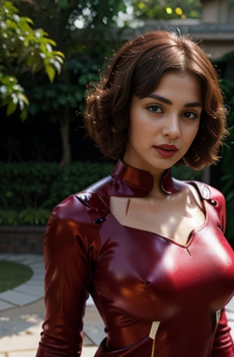 beautiful gorgeous glorious bollywood actress, standing in garden, femal version of ironmen, pretty face, beautiful glorious face, very fine face details, bright eyes, red lipstick, thin nose, burgundy hair, bob cut, curls, alluring natural breasts, round breast, not sagging, hourglass figure, perfect body, 4K details, ultra high resolution, skin fine details, like ironmen photoshoot,  ironmen costume
