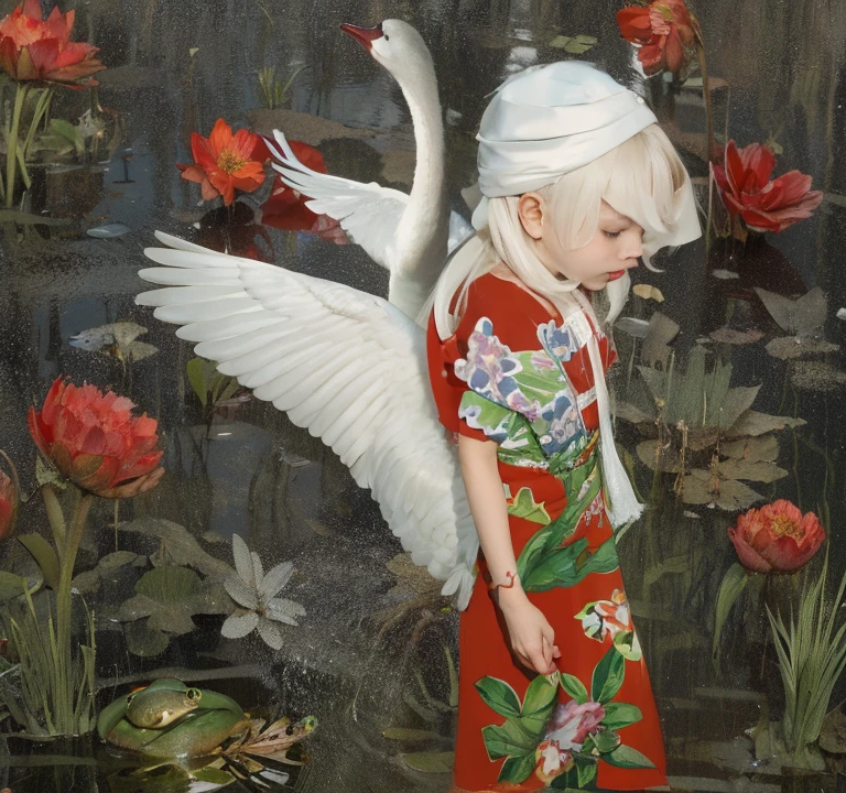 frog in swamp,Swan girl fusion,Girl's injured head wrapped with gauze