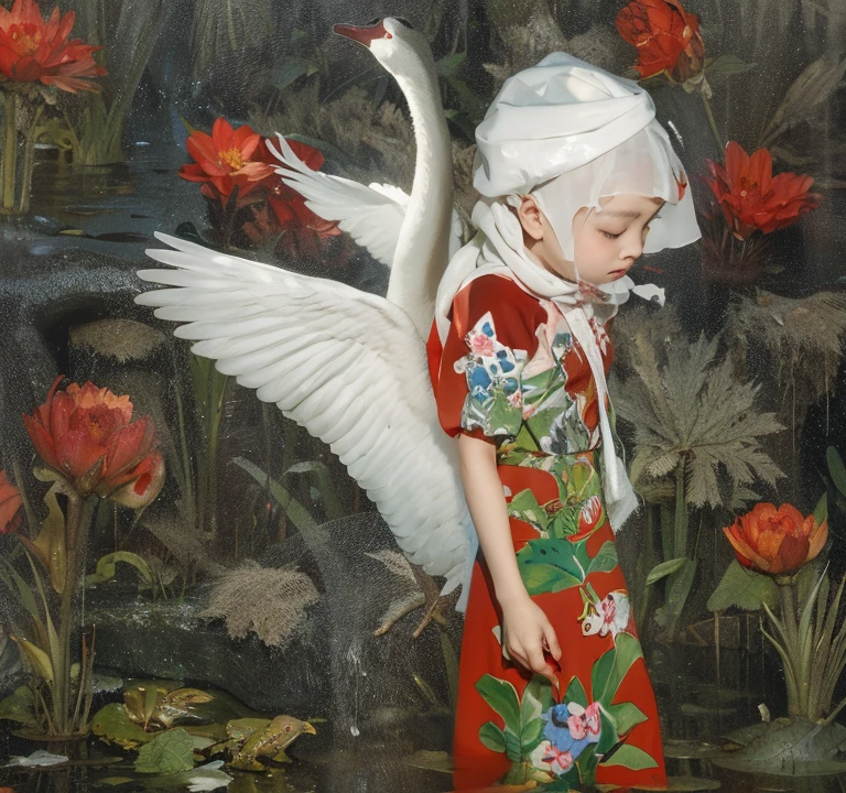 frog in swamp,Swan girl fusion,Girl's injured head wrapped with gauze