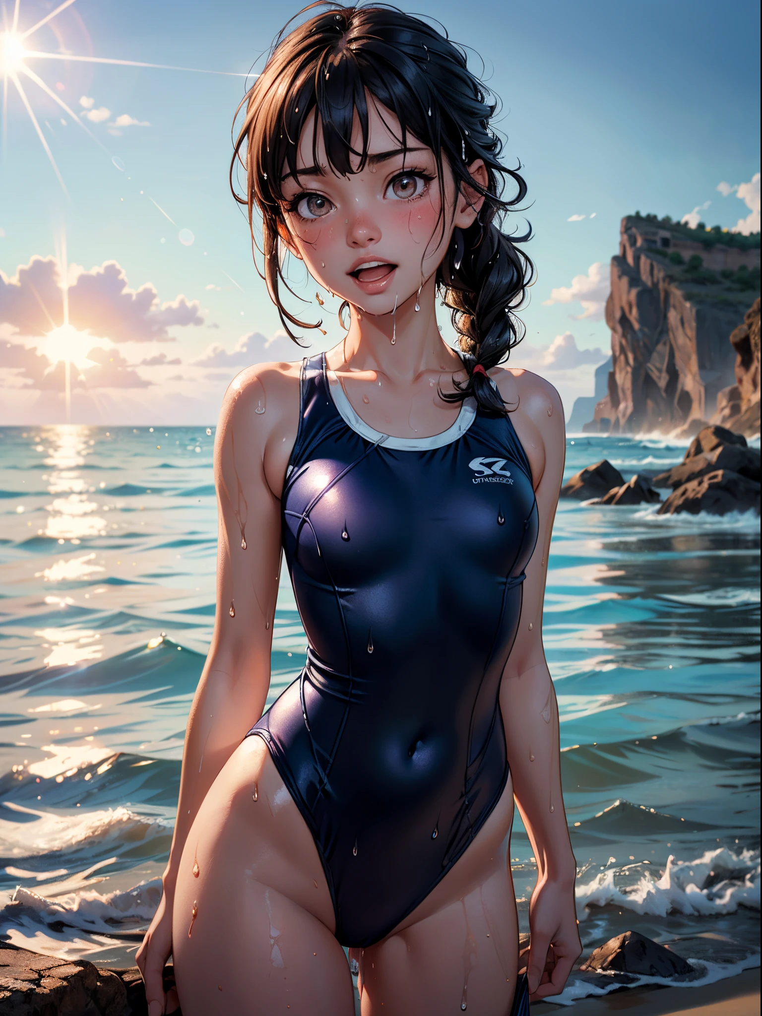 (masutepiece), (Best Quality), hyper detailed illustration,beautiful artwork,(Extreme Detail CG Unity 8K wallpaper、masterpiece、top-quality)、(exquisite lighting and shadow、highly dramatic picture、cinematic lens effects)、Young ager girl on the beach,swim wears, 1girl in, (School swim wear:1.3), Solo, Outdoors, Long hair, Wet, breasts, Covered navel, skyporn, Water, Black hair, Big smile, Brown eyes, day, blush, Small breasts, Bangs, Sunlight, Blue one-piece swimsuit,(Wet:1.3),(Water splash:1.1),Open mouth,(straggling hair:1.2), Dramatic Horizon,(sunlight shining),The story of the braided twins,(The swimsuit is wet),(Strong sunshine:1.1),(Lens Flare:1.2),(Tsurime:1.2),Head tilt, information,(From the behind:1.2),(Sweat:1.2),light Particle,(on the beach), (dark-blue school-swimsuit:1.2)