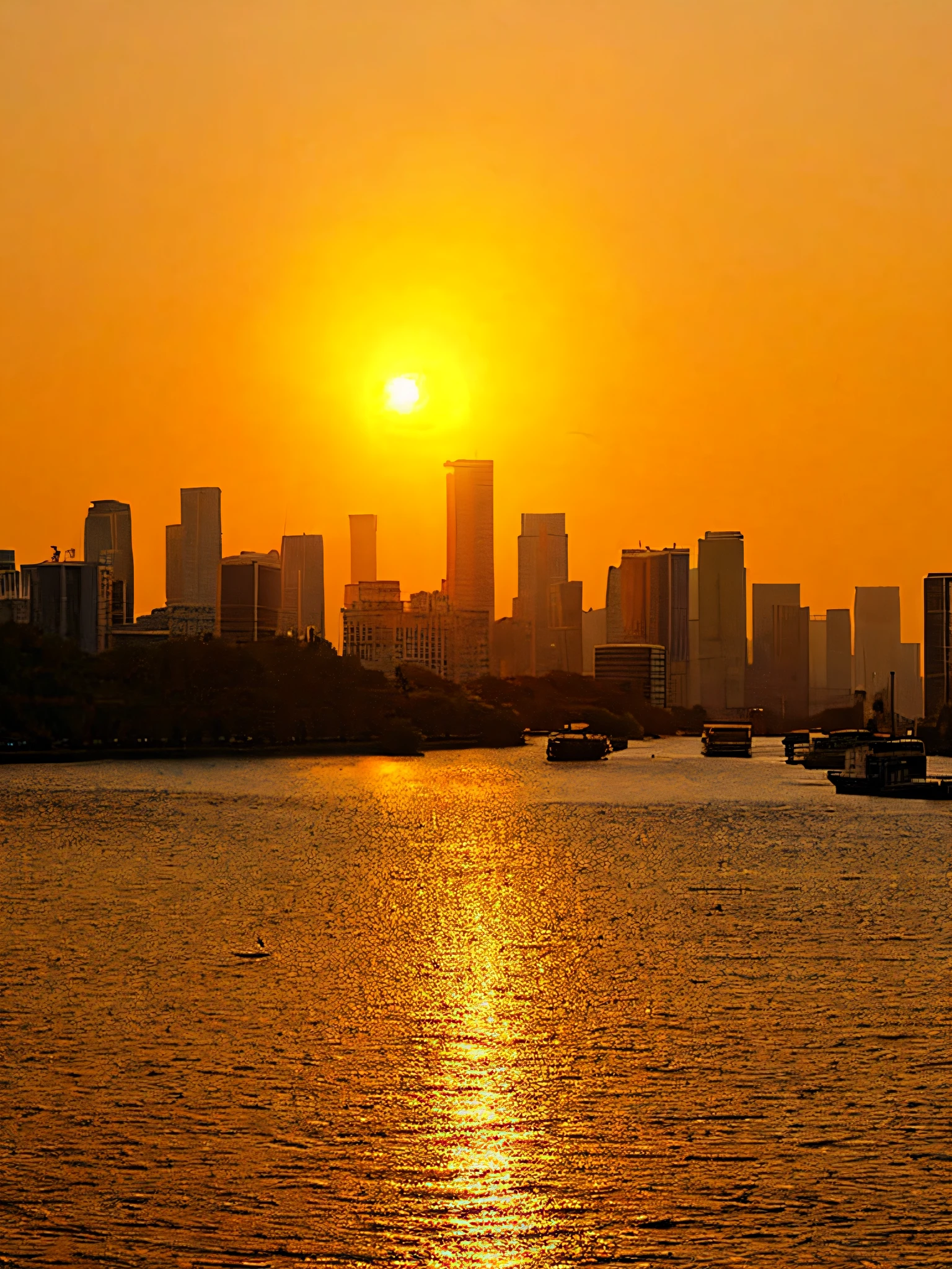 sunset over a city，There are boats in the water，There are boats in the water, City sunset, Prime time in Beijing, sun and shadow over a city, cityscape at sunset, city skyline in the background, skyline showing, city sunset night, sunsettime,  the are In the background, golden time, real sunset, sunset view,  skylines, sunset sunrise