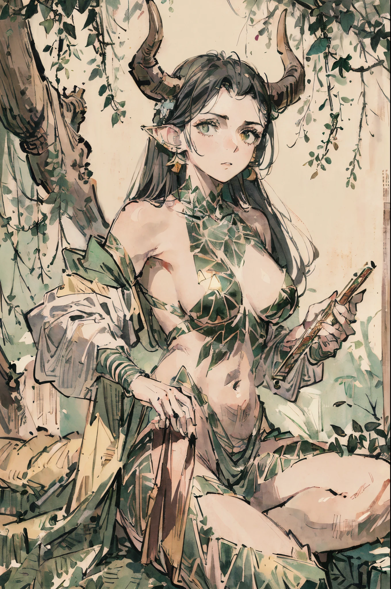 (Head portrait of a horned naked woman dressed in tree leaves) (cara linda) (Buen cuerpo) (Altamente detallado) (highest qualityr) (Fondo del bosque) (senos grandes) (happy) (playing flute) (thick)