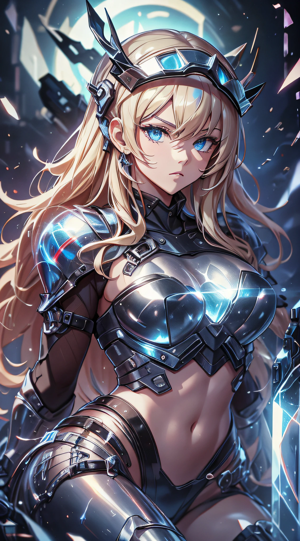 (Adult women:1.5)、Very detailed、highest quality、Best image quality、masterpiece、8k、Anime Face、A kind smile、Open your mouth、Sparkling blue eyes、(Blonde Wavy Hair:1.5)、、Muscles of the whole body、camisole、Thigh belt、mini skirt、(Wearing platinum bikini armor:1.5)、(Cowboy Shot:1.5)、(Leg armor:1.5)、(Wearing a helmet:1.5)