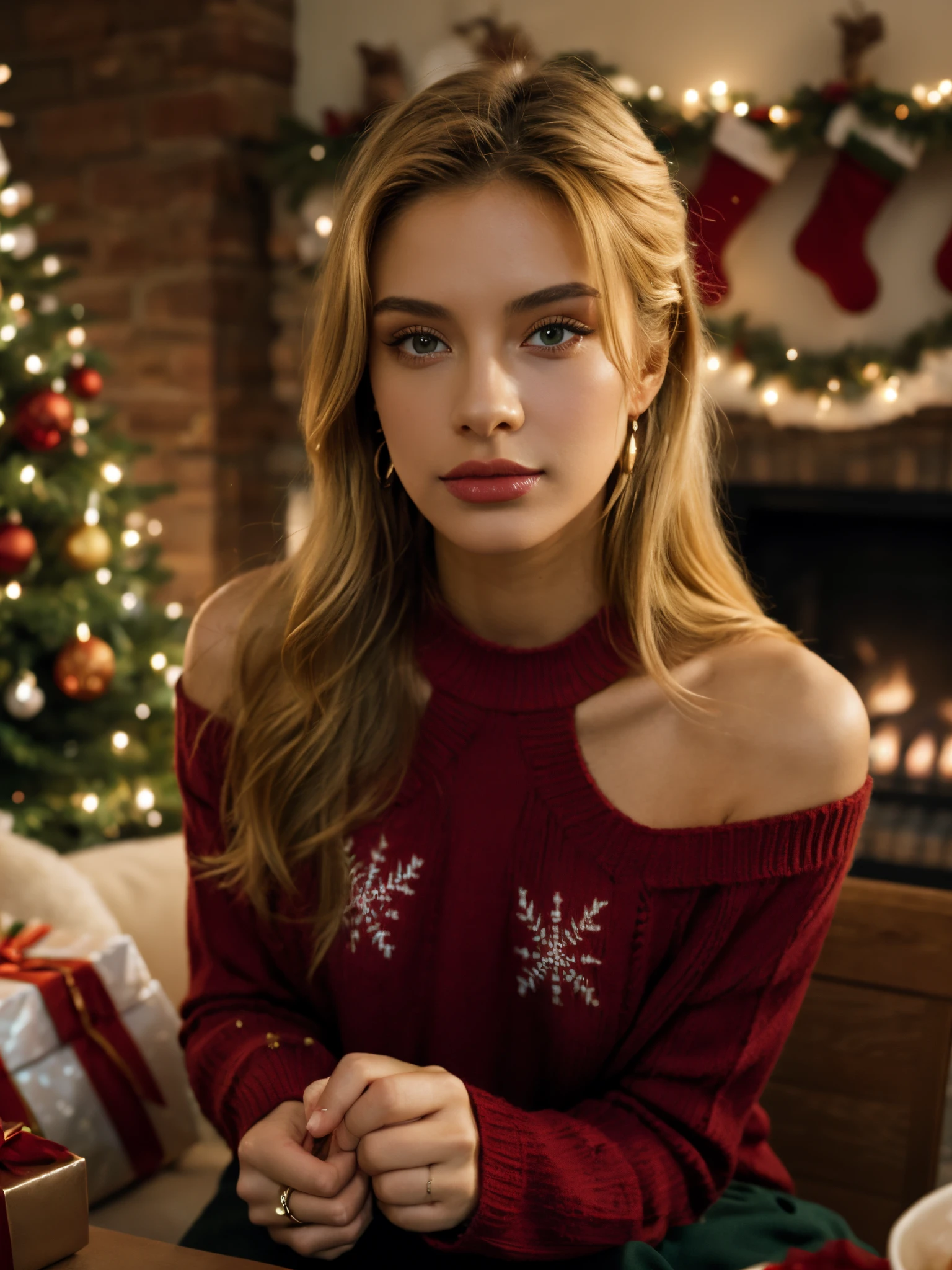 1girl, jewelry, blonde hair, red sweater, solo, looking at viewer, sweater, long hair, earrings, christmas tree, gift, own hands together, indoors, blurry, blurry background, sitting, realistic, christmas, table, ring, box,gift box, off-shoulder sweater, bare shoulders, off shoulder, chair,  shoulder cutout, christmas ornaments, fireplace, long sleeves, cup