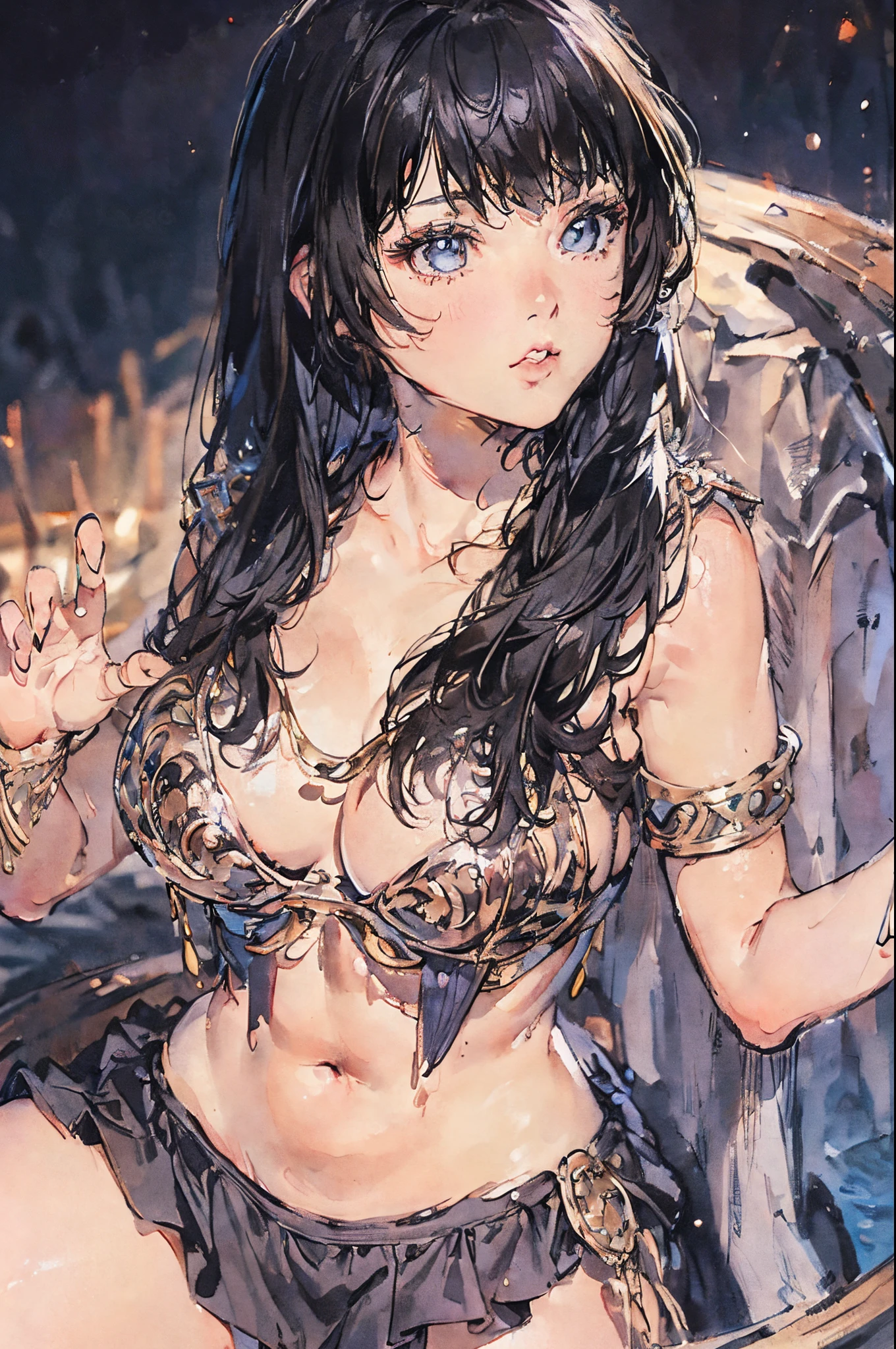 (Xena) (Cute face) (Nice body) (bare belly) (Highly detailed features) (Highest quality) (cosmos background) (large breasts) (godly aura) (highly detailed face and hair)