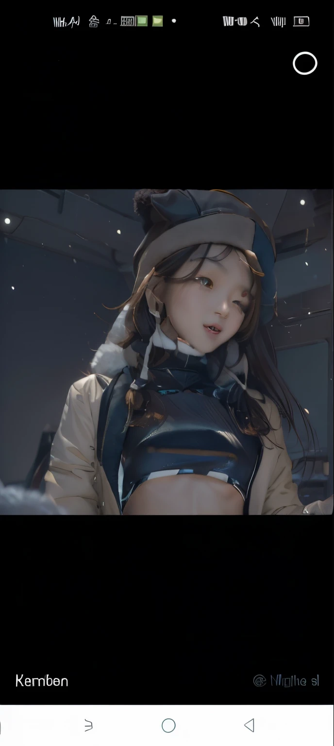osaki amana, 1girl, hat, gloves, long hair, solo, white background, fur hat, smile, brown hair, looking at viewer, yellow eyes, simple background, fur trim, open mouth, coat, blush, winter clothes, braid, white coat, v, long sleeves, bangs, swept bangs, teeth