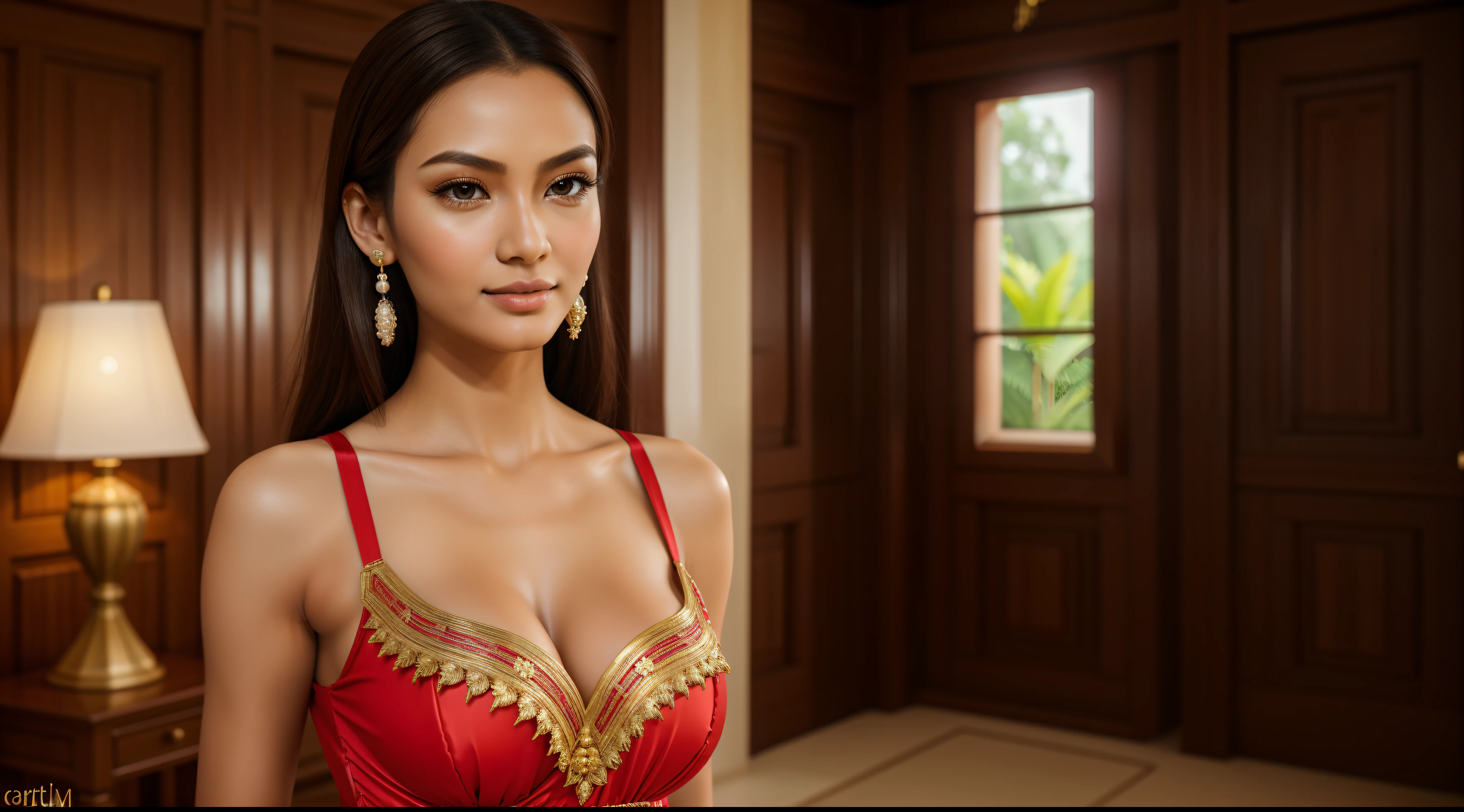 ((a girl (stand:1.2) (alone:1.6) in a room)),((full-body:1.2, cinematic-shot)),(best quality,4k,8k,highres,masterpiece:1.2),ultra-detailed,(realistic,photorealistic,photo-realistic:1.37),(beautiful and aesthetic:1.2),(film grain:1.3).

[(1girl),(solo),((1 person)),(17years-old),[Rara-Eka-Danti],pearl skin,(skin pores:1.1),beautiful detailed eyes,beautiful detailed lips,extremely detailed eyes,longeyelashes,extremely detailed face and skin texture,(skin texture:1.1),black hair,tall and slender body,(192cm tall),thin and delicate figure,graceful posture,flawless skin,defined abs,perfect curves,feminine appearance,beautiful long legs,embodying elegance and beauty,(cleavage breasts,large breasts:1.4),((wearing a (red ultra-short traditional minidress:1.4))),extremely detailed and realistic (red) clothes,(shiny skin),((sharp focus:1.5)),(earringeathers:1.5)].

[Indonesian traditional room, wooden furniture, intricate carvings, ornate decorations, vibrant colors, batik textiles, natural lighting, teak wood craftsmanship, traditional artwork, antique objects, wooden sculptures, rich cultural heritage, traditional architecture].

Official art,extremely detailed,Angelic ethereal beauty,award-winning photography,professional photography,depth-of-field,bokeh.