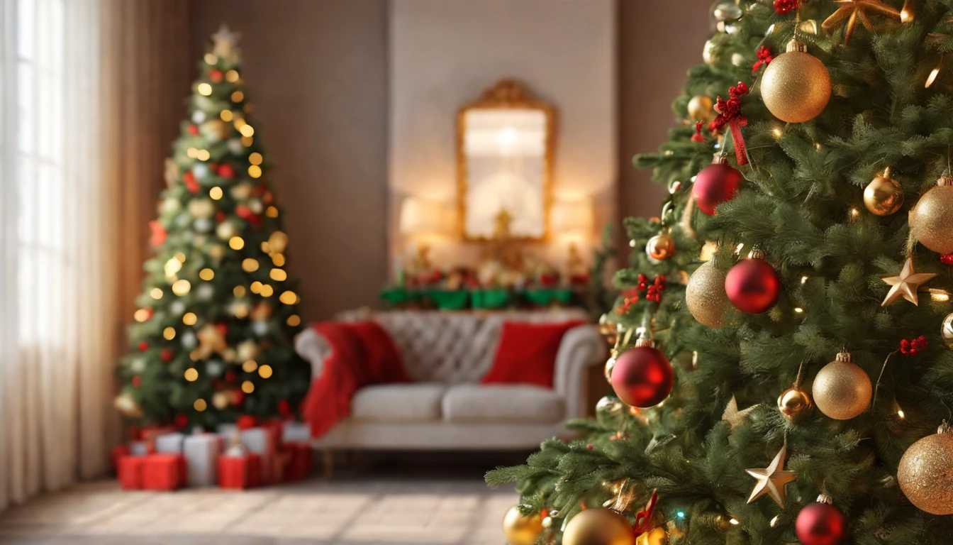 Breathtaking cinematic photo of a real Hyperrealistic christmas ((close-up photo)) of a beautiful stunning ((christmas tree: 1.5)) decorated with (((mistletoe))) and golden christmas tree decorations, Christmas tree garlands, golden and red colored Christmas tree balls, ((angel figurines)), in the background multicolored led lights (red, blue, green, yellow), extremely high-resolution details, photorealism, realistic lifelike textures, masterpiece, best quality, sharp focus, photorealism, photorealistic, 8k, volumetric light, (intricate details),  hdr, high detailed, high quality, soft cinematic light, dramatic atmosphere, atmospheric perspective, ultra realistic, neutral colors, cinematic lighting, wide angle, film grain, dslr, raw photo, photo,